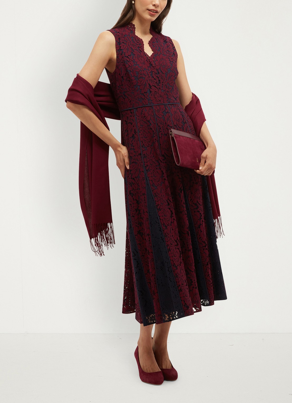 Hobbs Quin midi jurk met details van kant - detail donkerrood