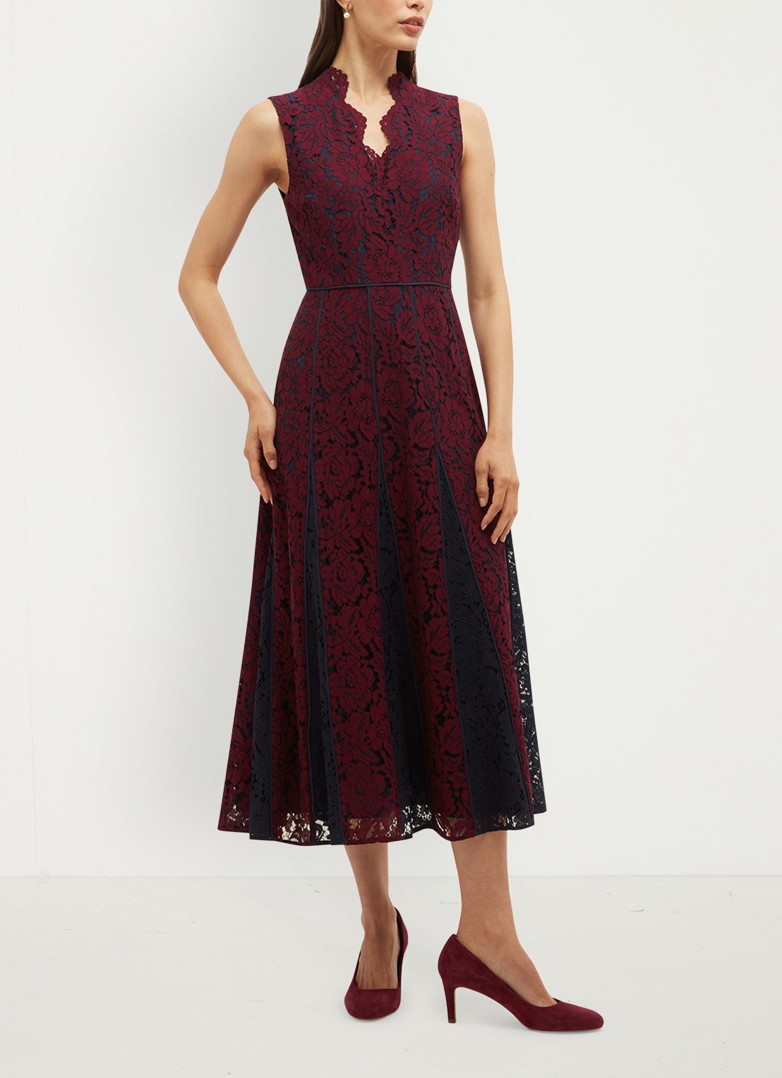 Hobbs Quin midi jurk met details van kant - voorkant 4 donkerrood