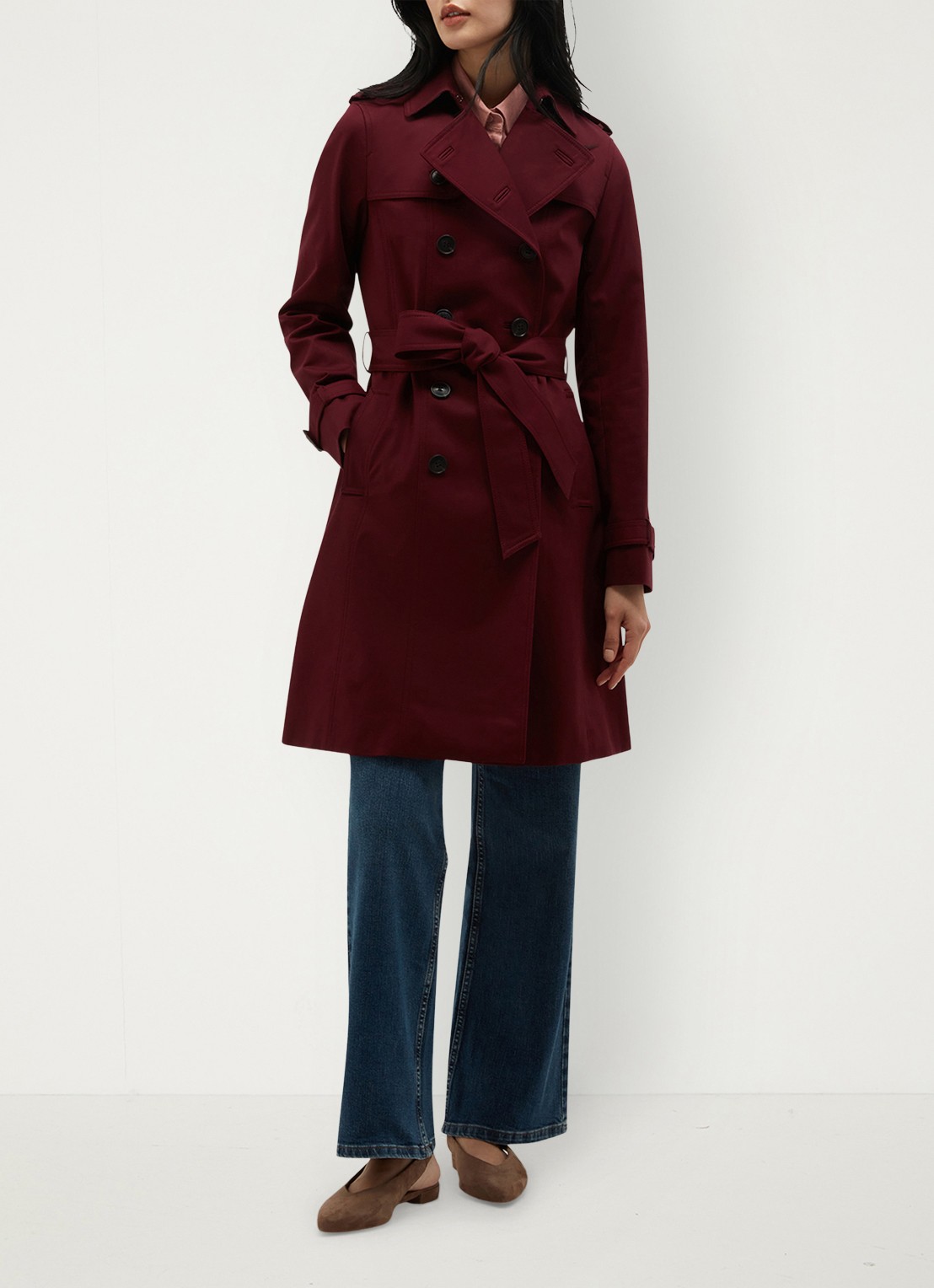 Hobbs Skylar double-breasted trenchcoat met strikceintuur - voorkant 8 bordeauxrood