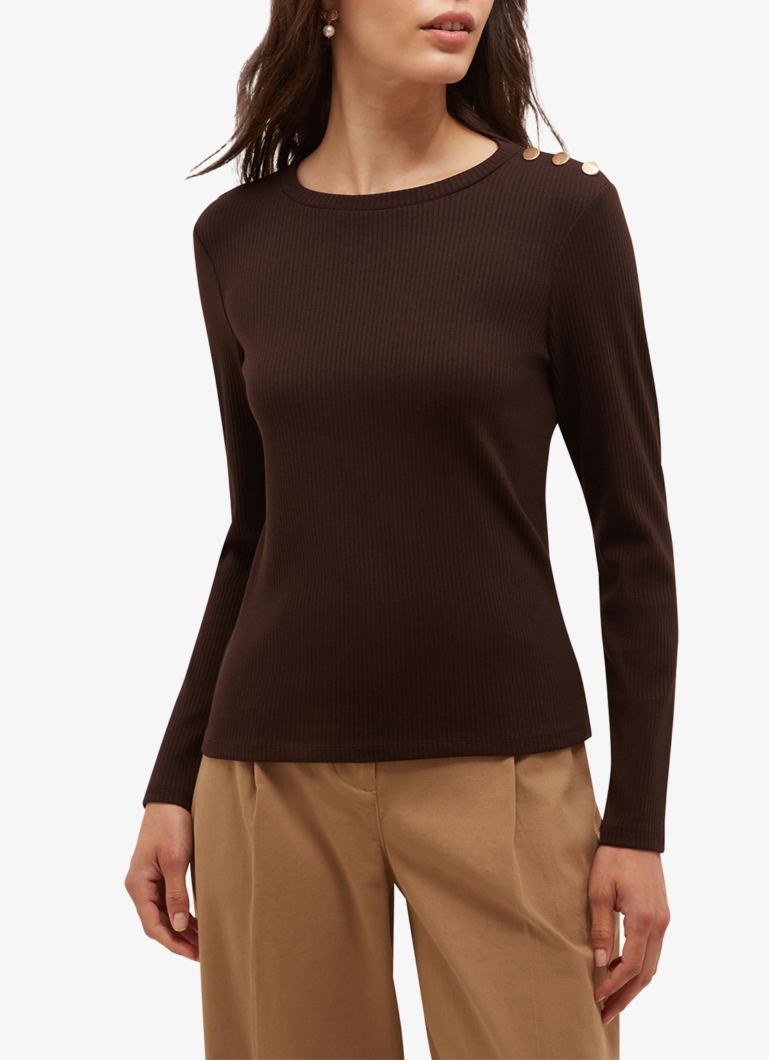 Hobbs Tamsin ribgebreide longsleeve met sierknopen - voorkant 3 bruin