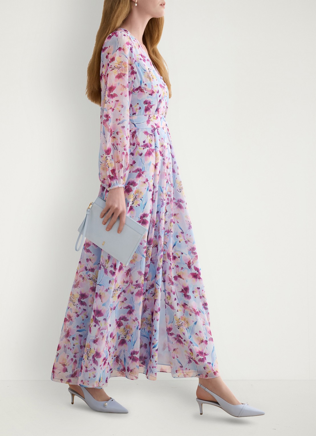 Hobbs Thea maxi blousejurk met bloemenprint en pofmouw - detail 2 lichtblauw