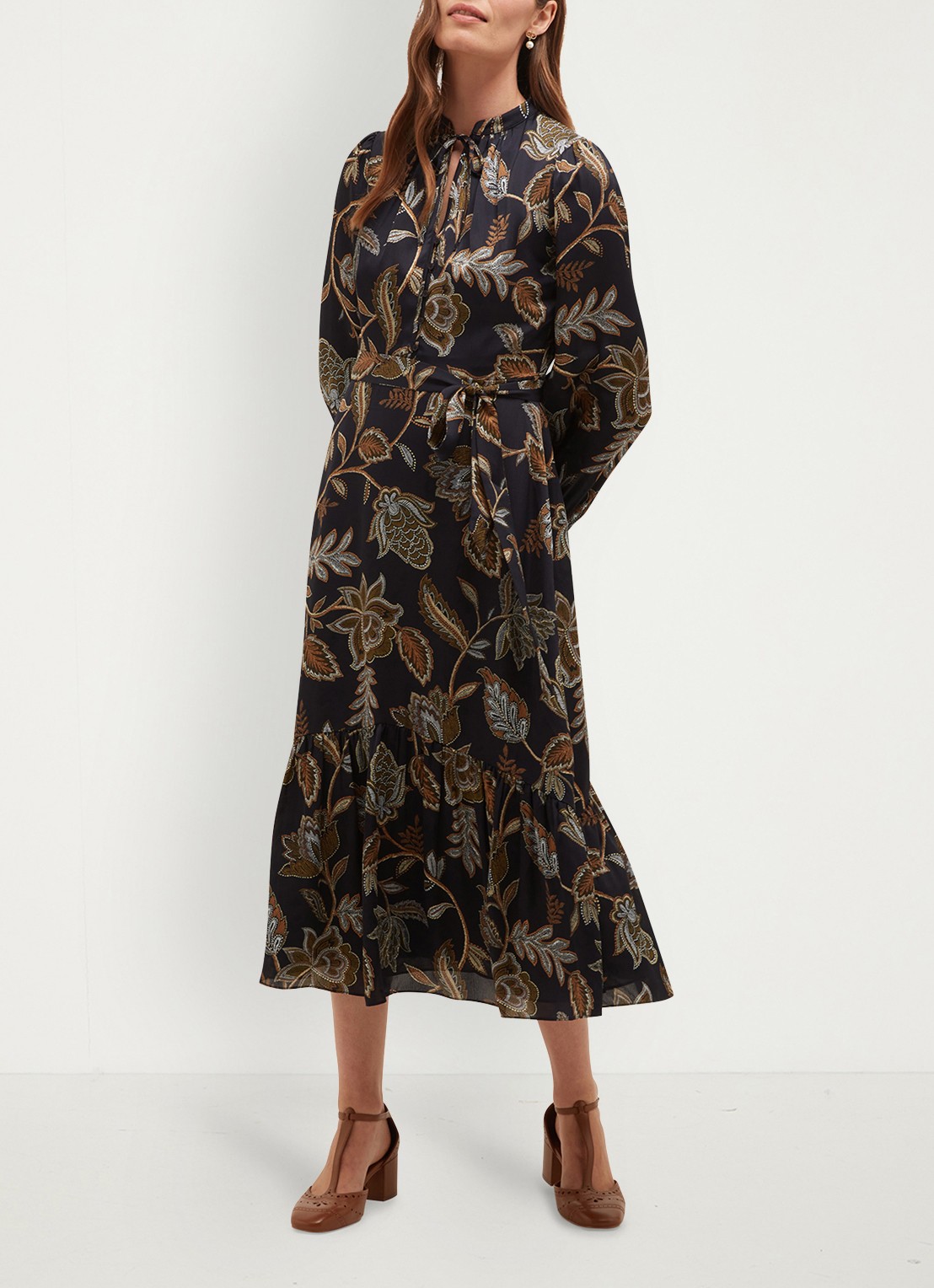 Hobbs Vespa midi jurk met bloemenprint - voorkant 2 donkerblauw