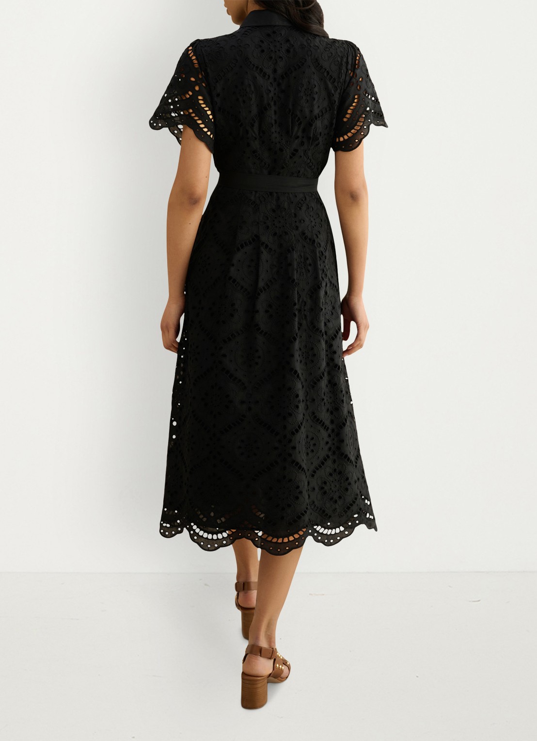 Hobbs Willa midi blousejurk met broderie en steekzakken - achterkant 5 zwart