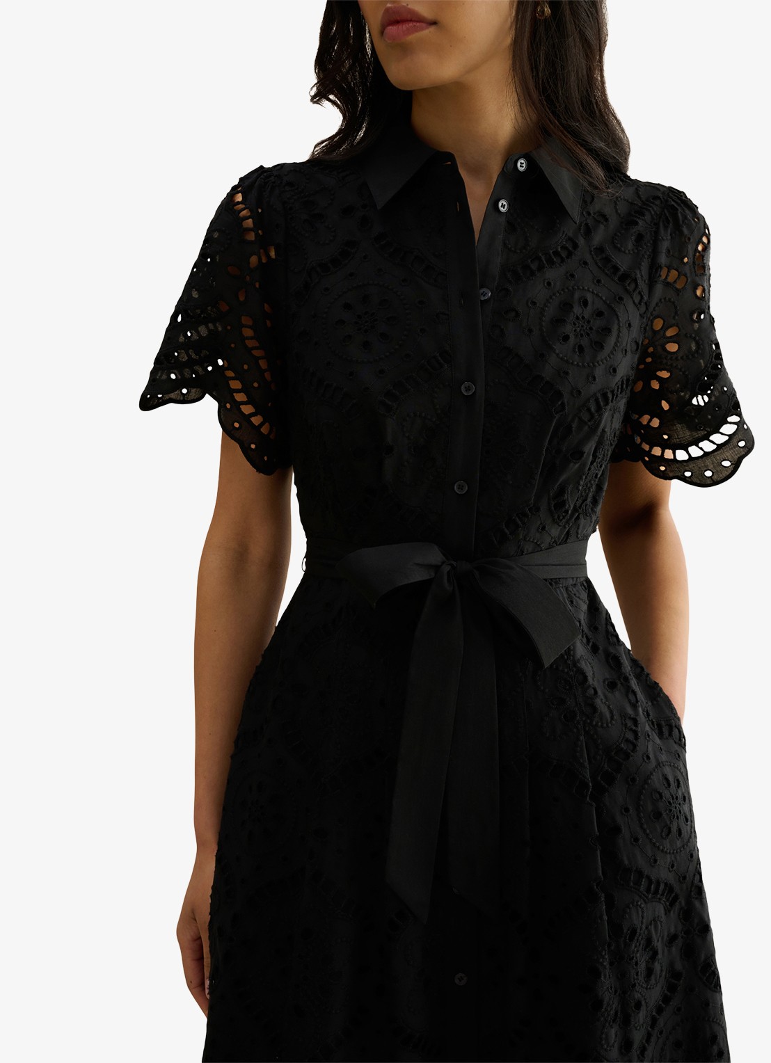 Hobbs Willa midi blousejurk met broderie en steekzakken - detail zwart