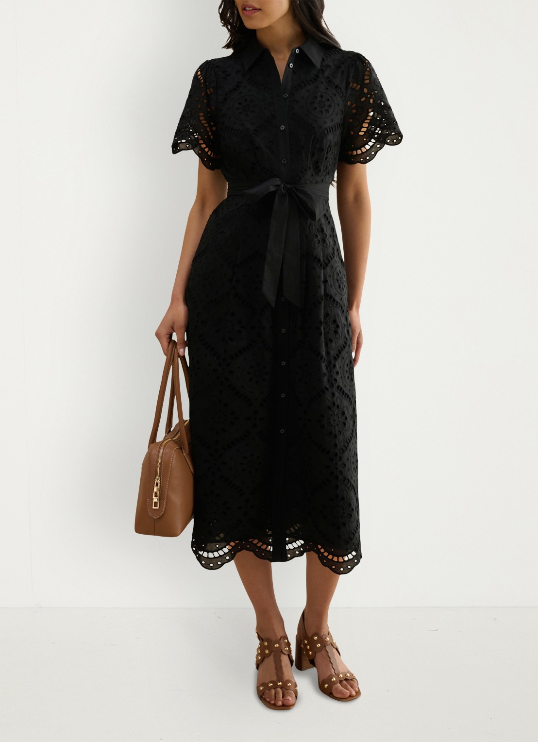 Hobbs Willa midi blousejurk met broderie en steekzakken - detail 3 zwart