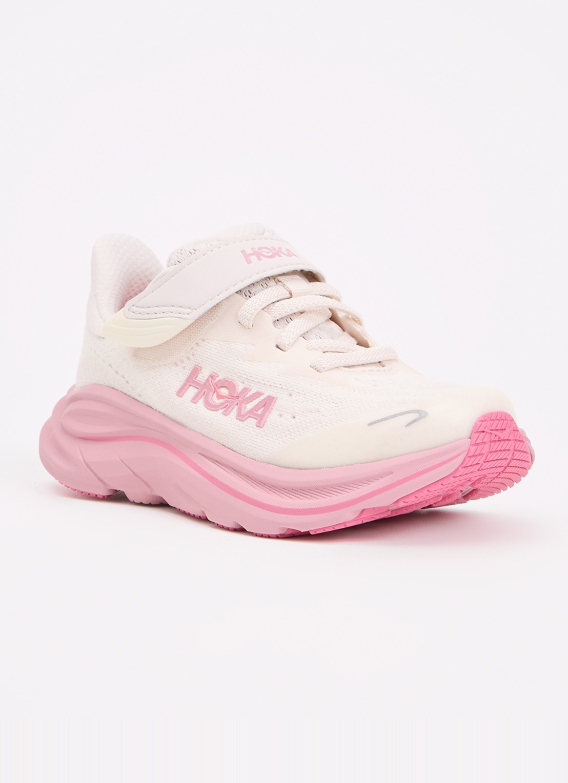 HOKA Clifton 10 hardloopschoen met gebreid bovenwerk en logo - voorkant 3 roze
