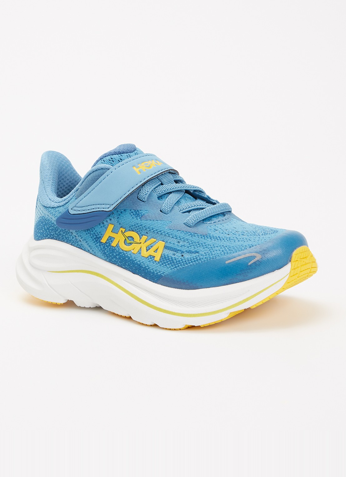 HOKA Clifton 10 hardloopschoen met gebreid bovenwerk en logo - voorkant blauw