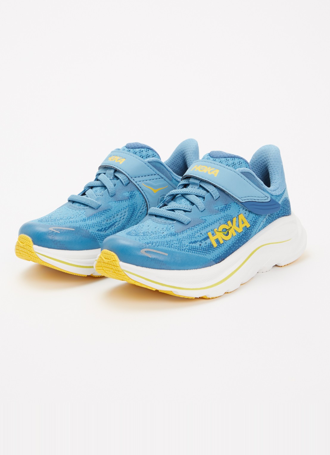 HOKA Clifton 10 hardloopschoen met gebreid bovenwerk en logo - voorkant 2 blauw