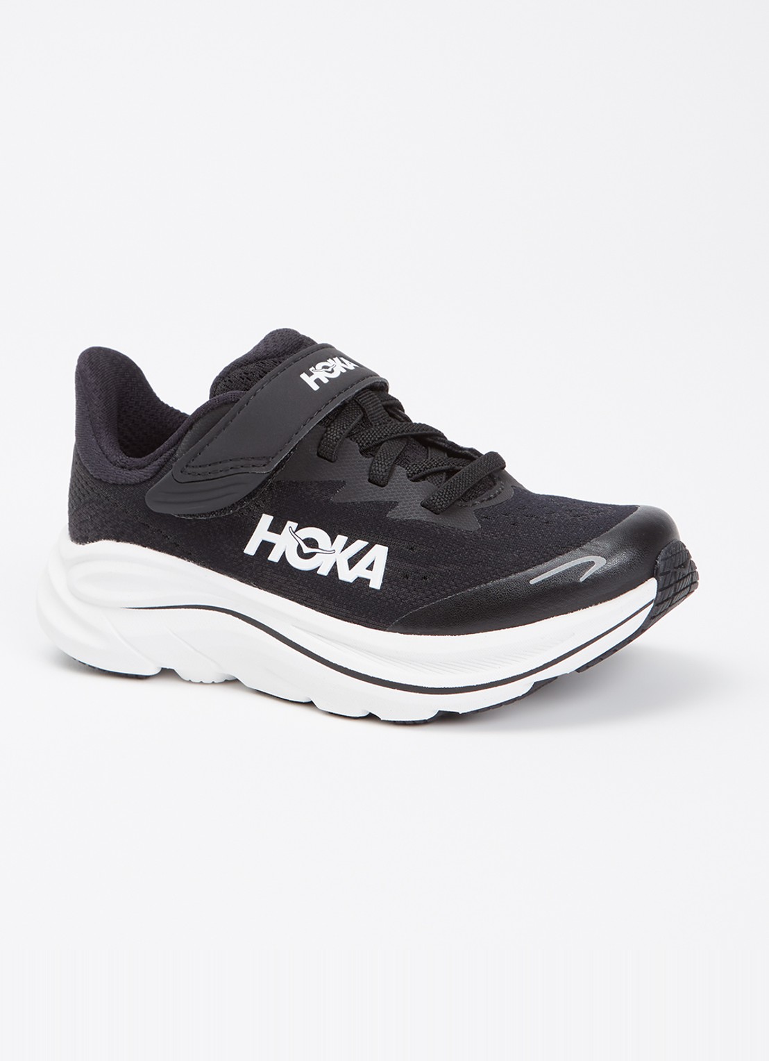 HOKA Clifton 10 hardloopschoen met gebreid bovenwerk en logo - voorkant 2 zwart