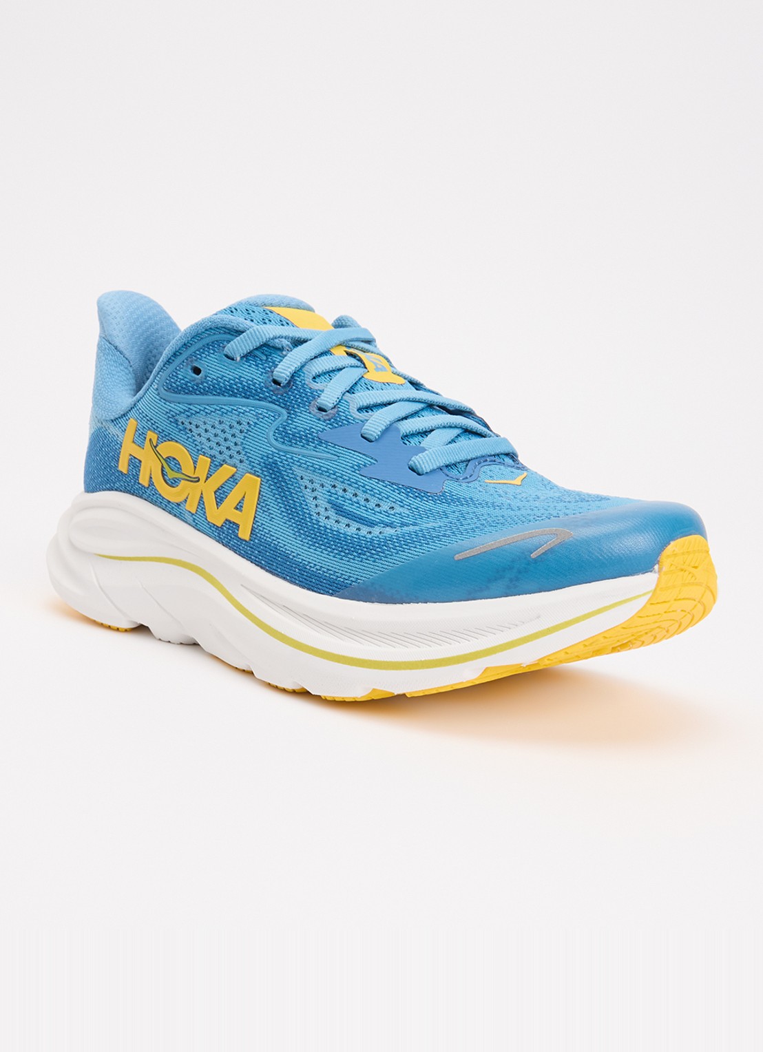 HOKA Clifton 10 hardloopschoen met gebreid bovenwerk en logo - voorkant 5 blauw