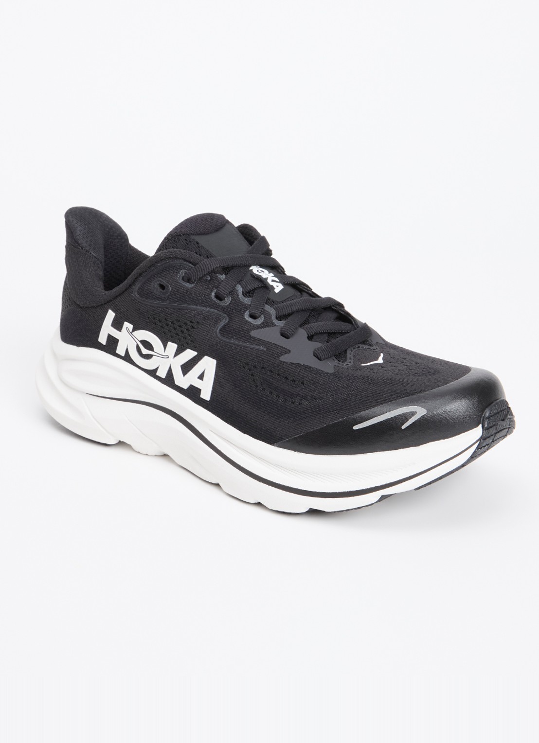 HOKA Clifton 10 hardloopschoen met gebreid bovenwerk en logo - voorkant 3 zwart