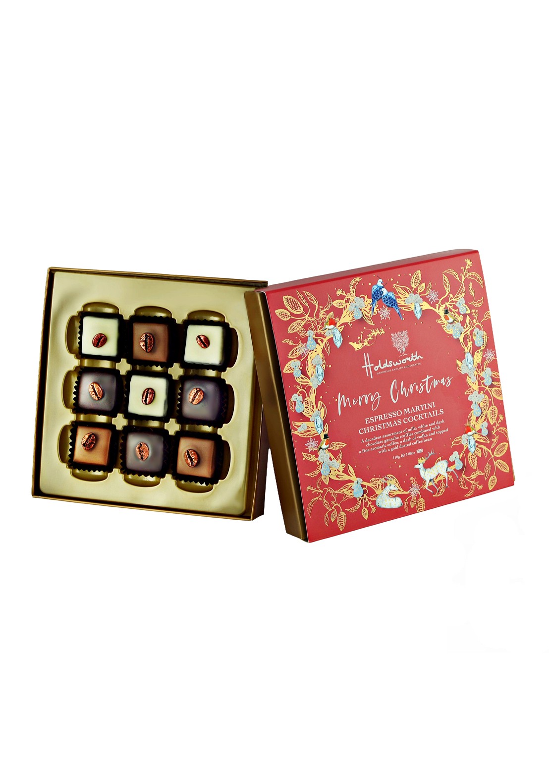 Holdsworth Espresso Martini XMAS chocolade bonbons in geschenkverpakking 9 stuks - voorkant beige