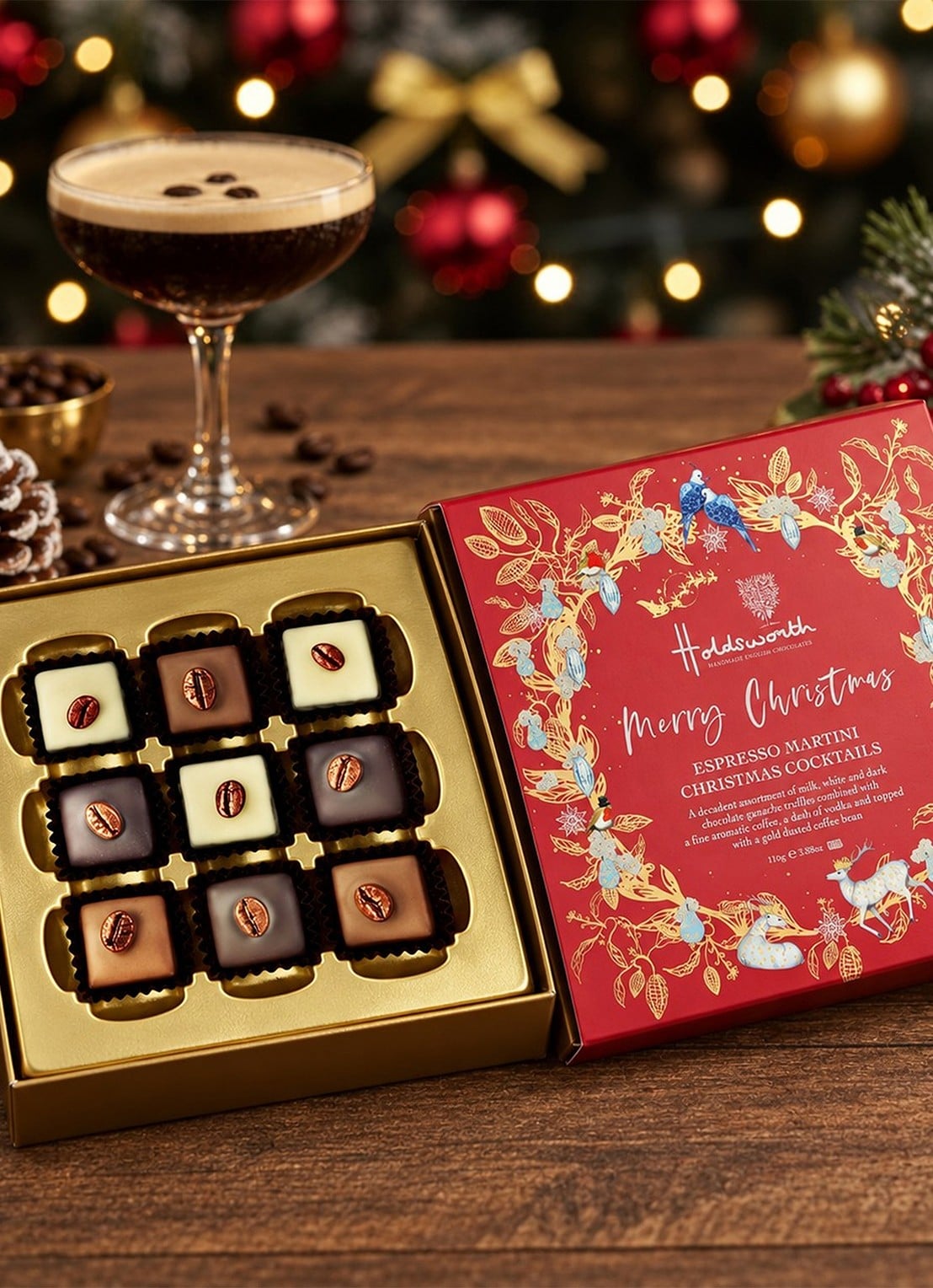 Holdsworth Espresso Martini XMAS chocolade bonbons in geschenkverpakking 9 stuks - voorkant 2 beige