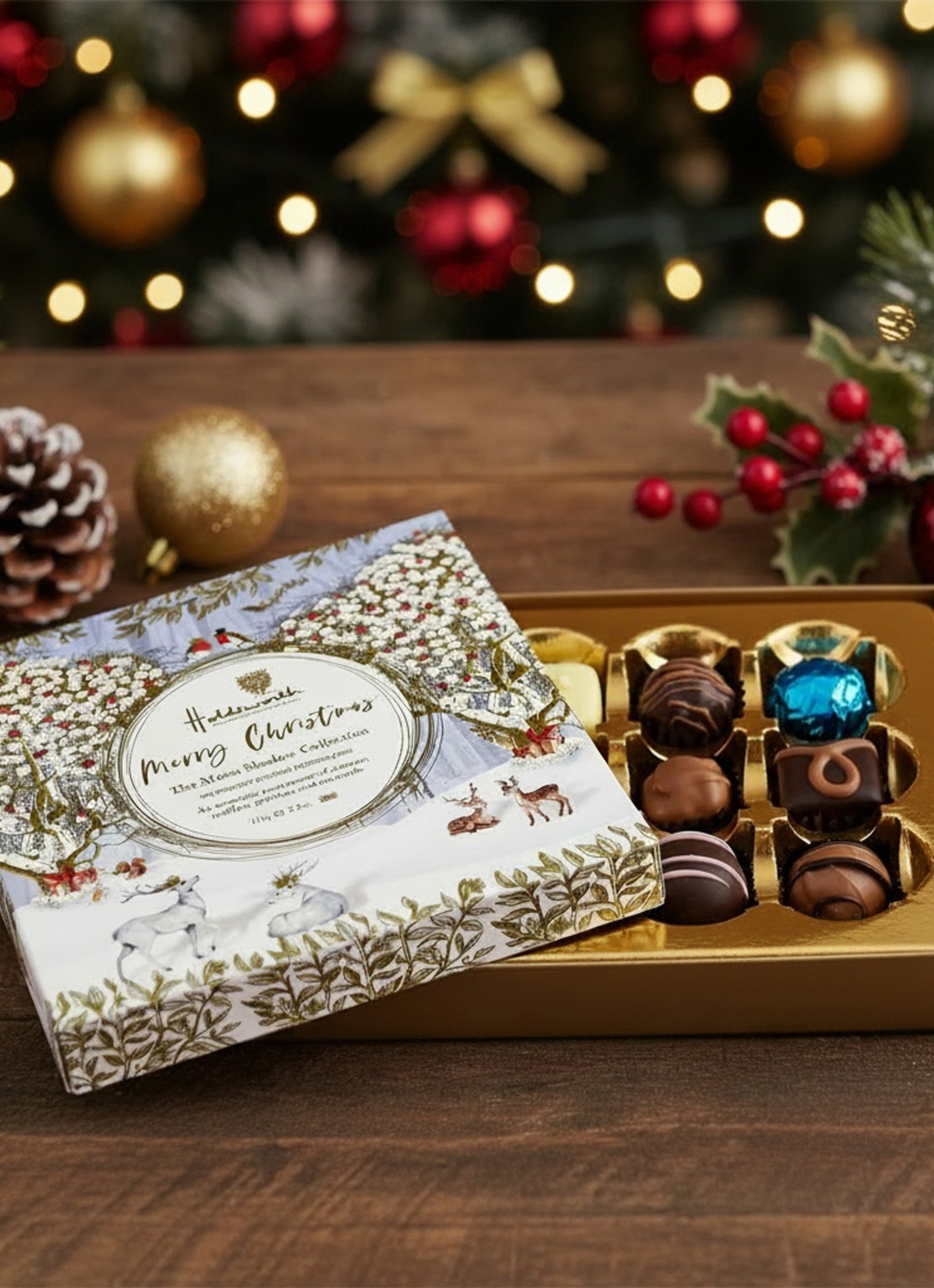 Holdsworth Merry Christmas chocolade bonbons in geschenkverpakking 9 stuks - voorkant 2 beige