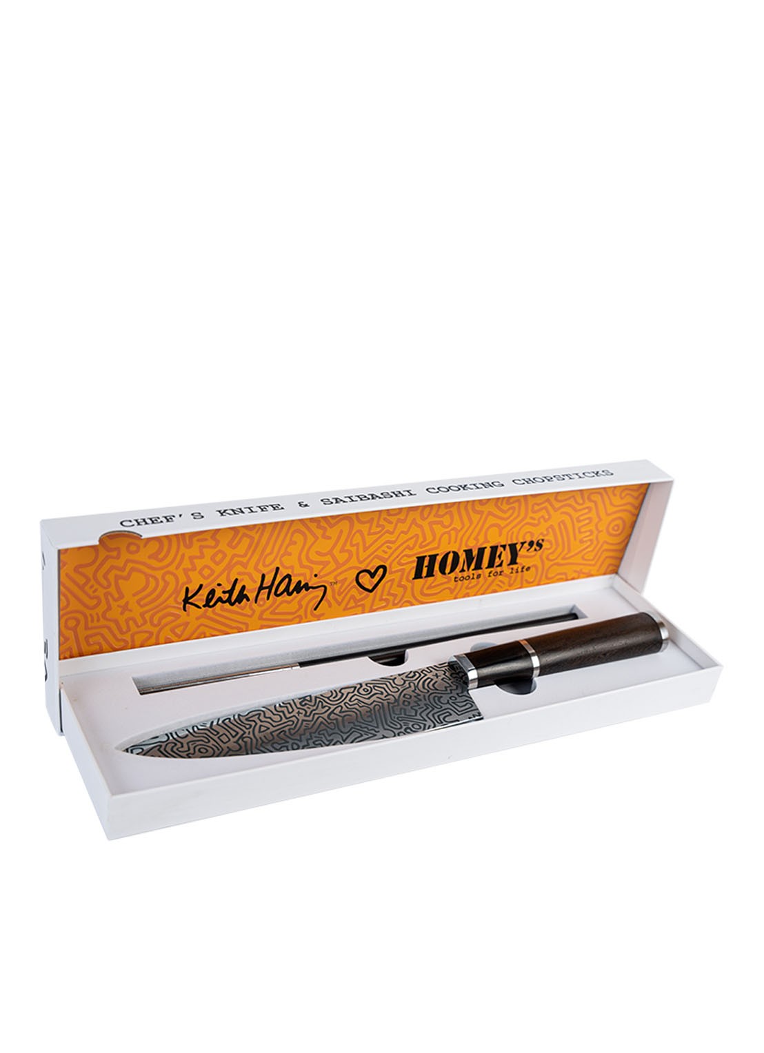 Homey's Keith Haring koksmes met chopsticks in cadeauverpakking  - voorkant 8 donkerbruin