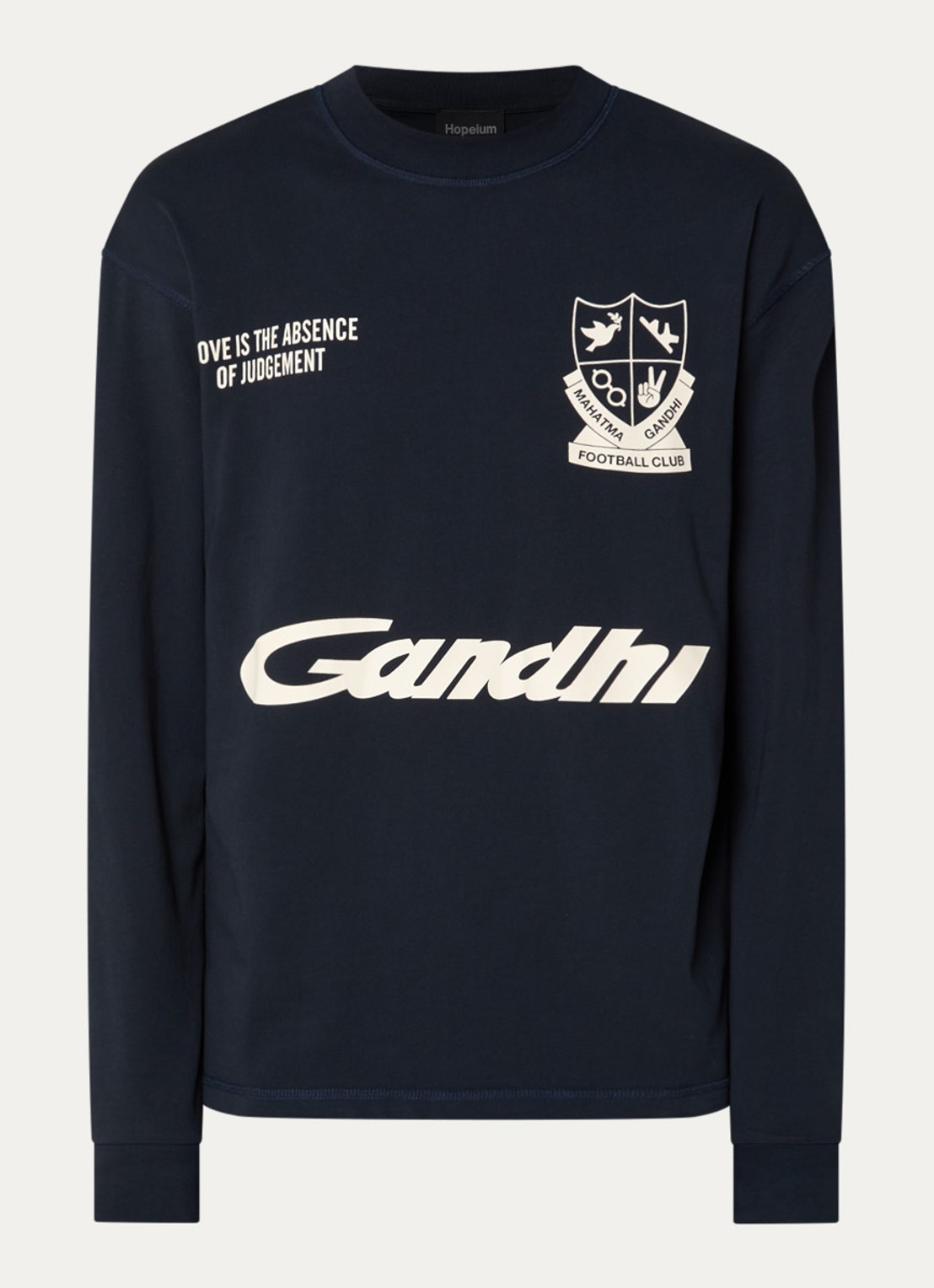 Hopeium Ghandi longsleeve met front- en backprint - voorkant 3 donkerblauw