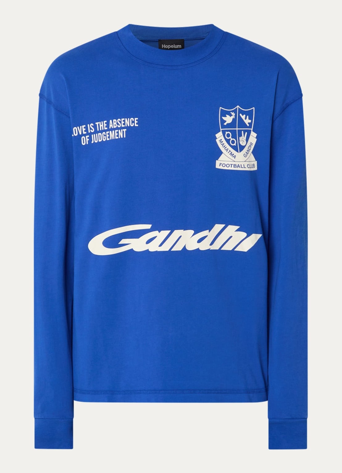 Hopeium Ghandi longsleeve met front- en backprint - voorkant kobaltblauw