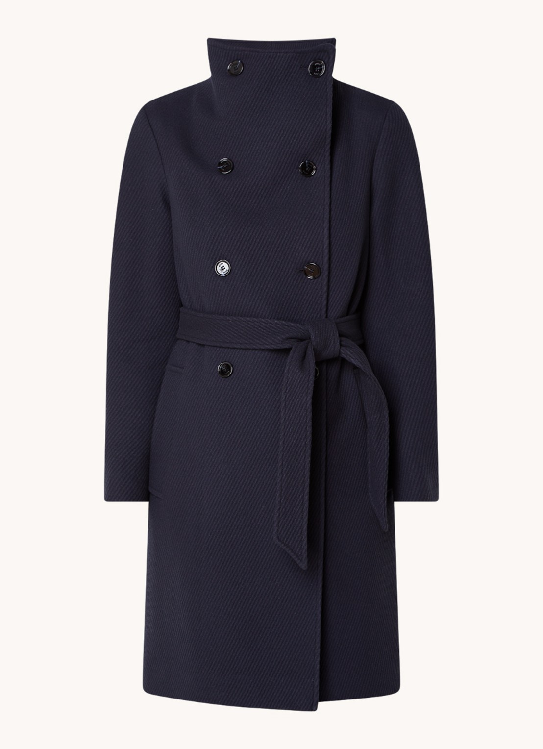 HUGO BOSS Cedandy1 double-breasted mantel in wolblend met strikceintuur - voorkant blauw