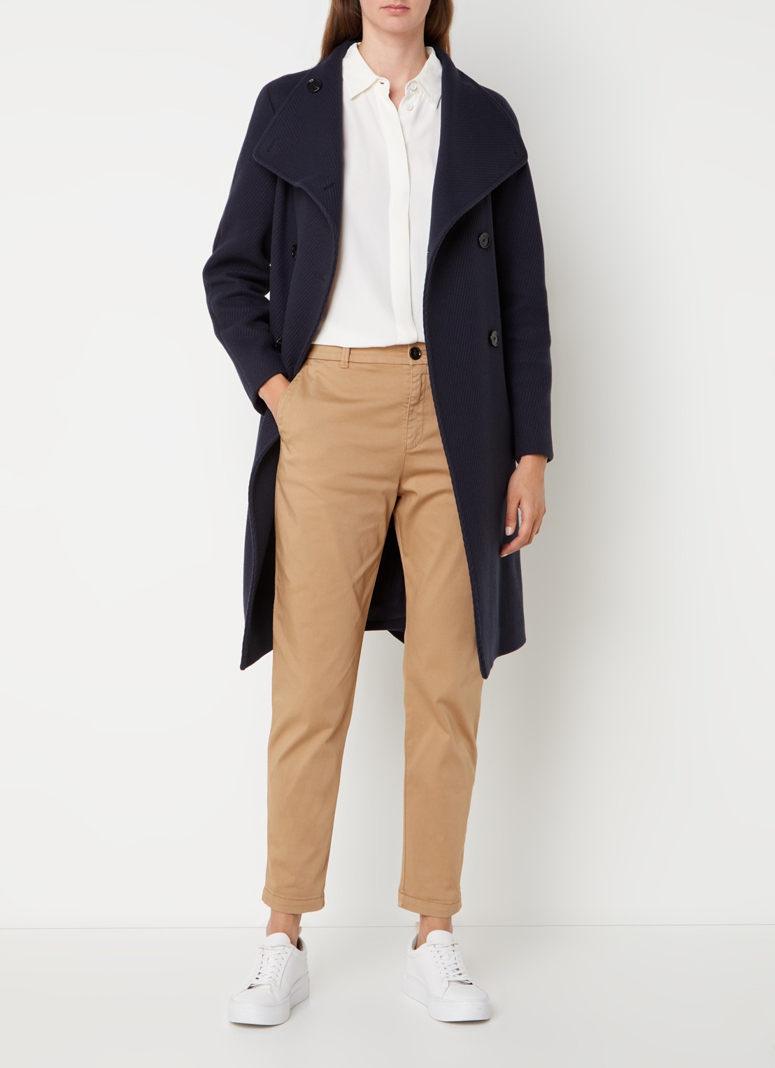 HUGO BOSS Cedandy1 double-breasted mantel in wolblend met strikceintuur - voorkant 2 blauw