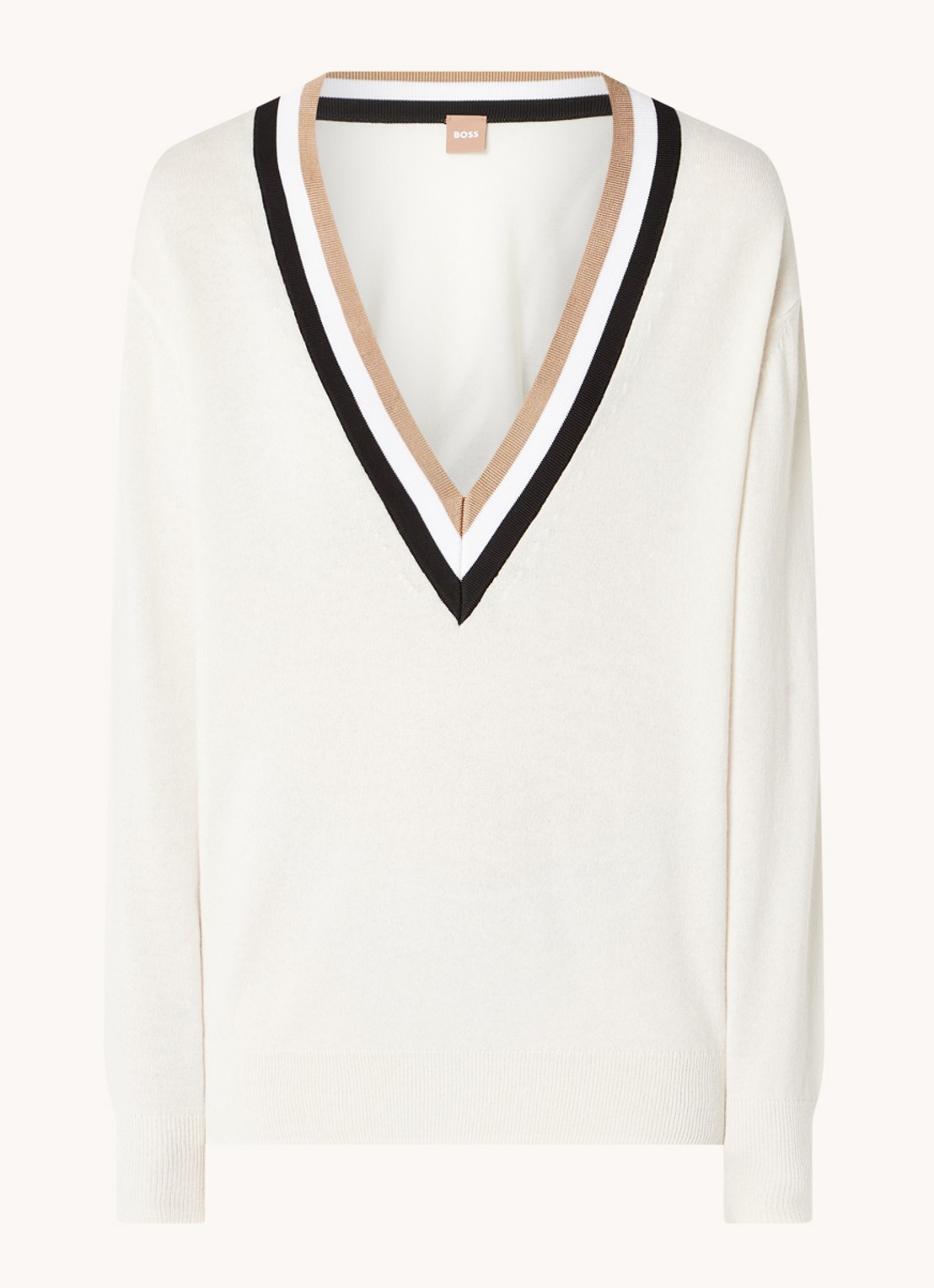 HUGO BOSS Felipina fijngebreide pullover in kasjmierblend met V-hals - voorkant gebroken wit