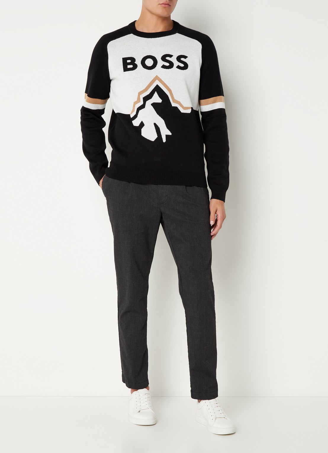 HUGO BOSS Lanius pullover met ingebreid logo - voorkant 2 zwart