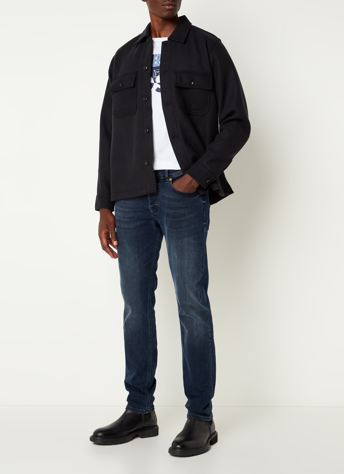 HUGO BOSS Lovvo overshirt van fleece met borstzakken - voorkant 2 zwart