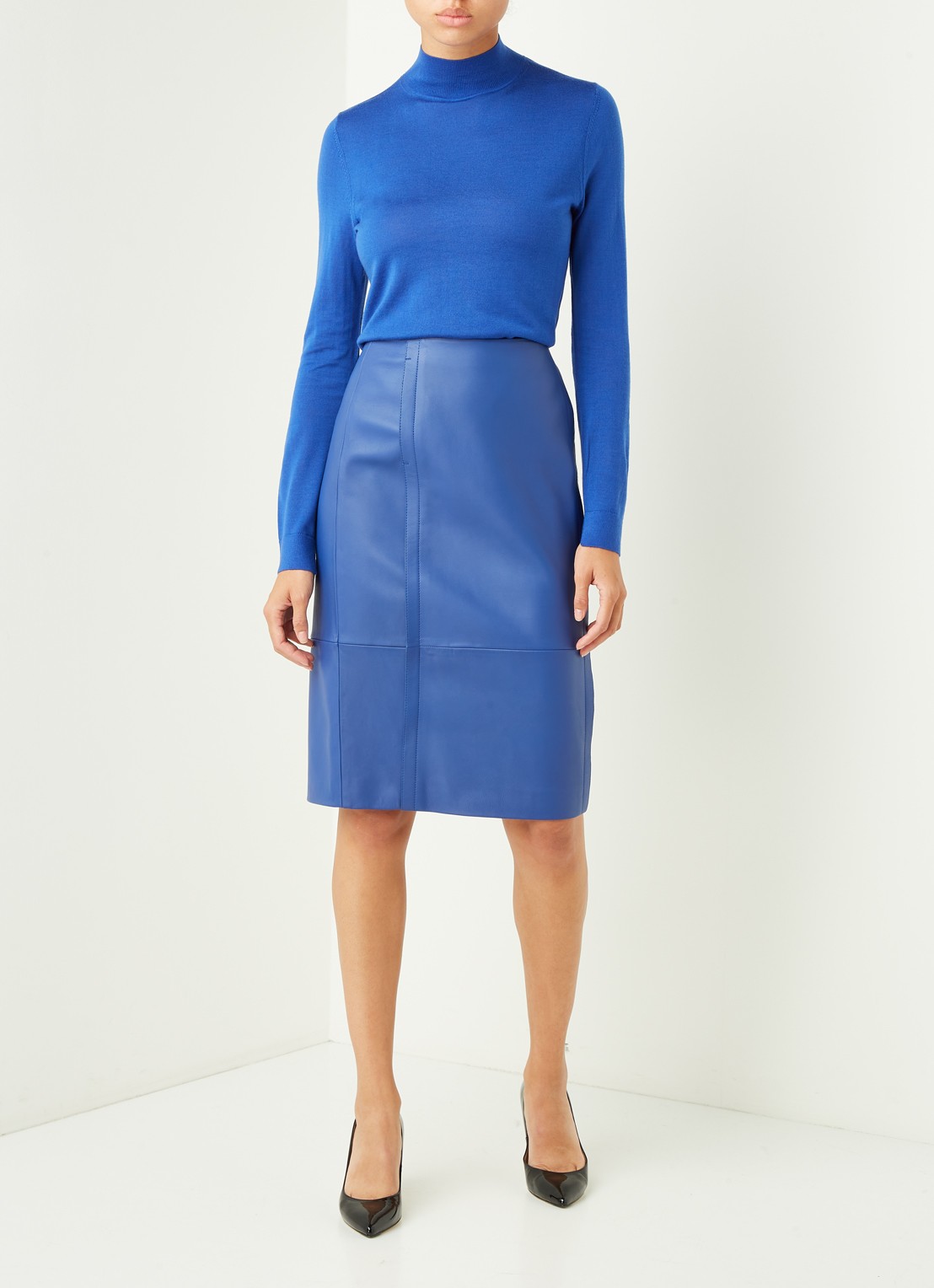 HUGO BOSS Sepassa midirok van leer met doorgestikte details - voorkant 3 paars