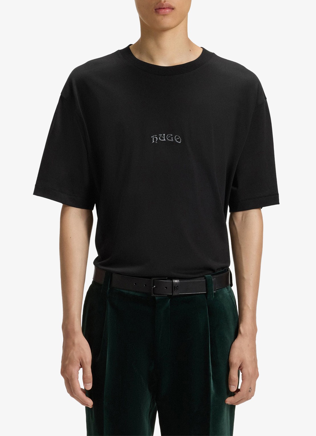 HUGO Dadsu oversized T-shirt met logo- en backprint - detail zwart