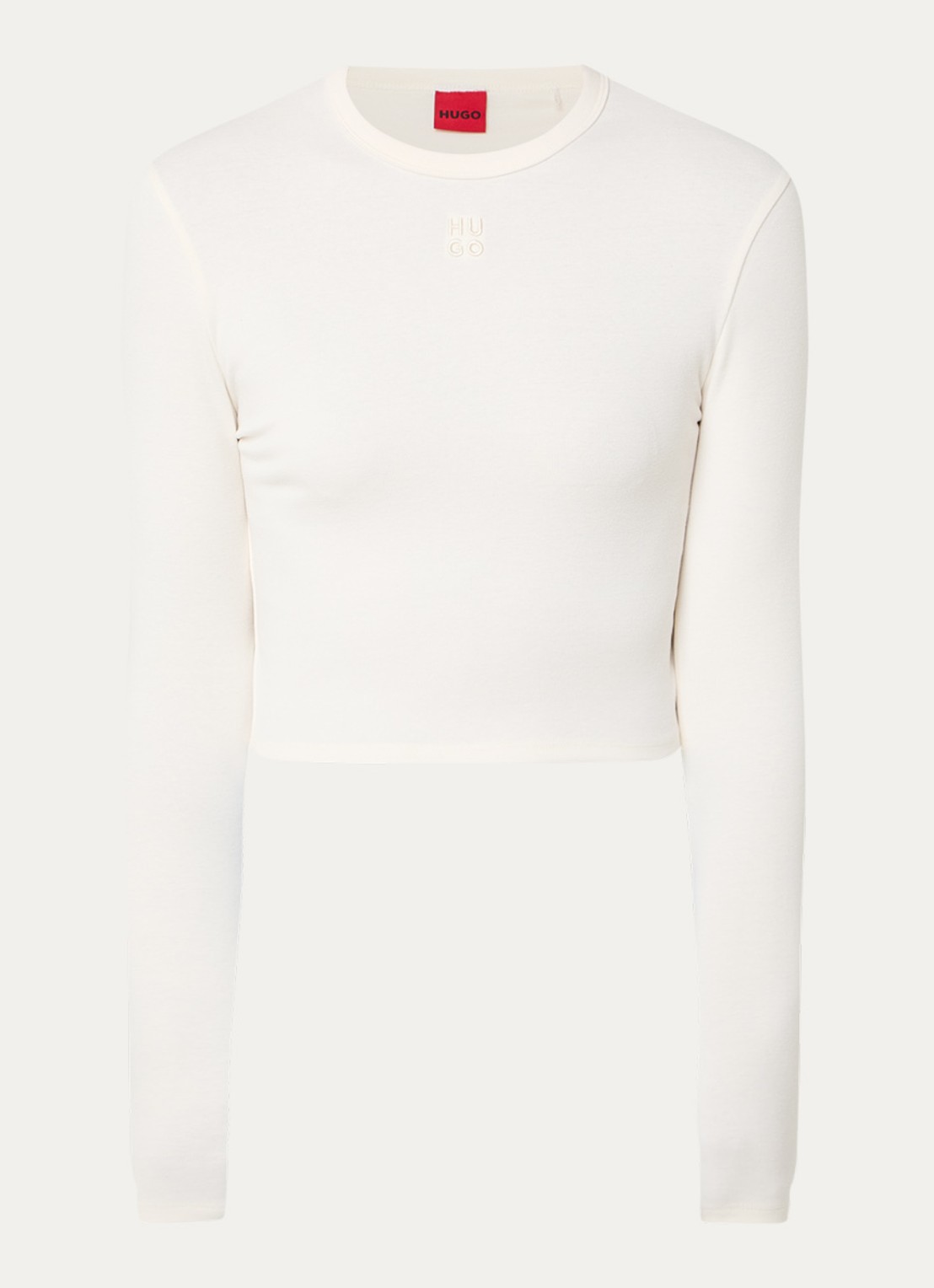 HUGO Dafilomena cropped longsleeve met logoborduring - voorkant 3 creme