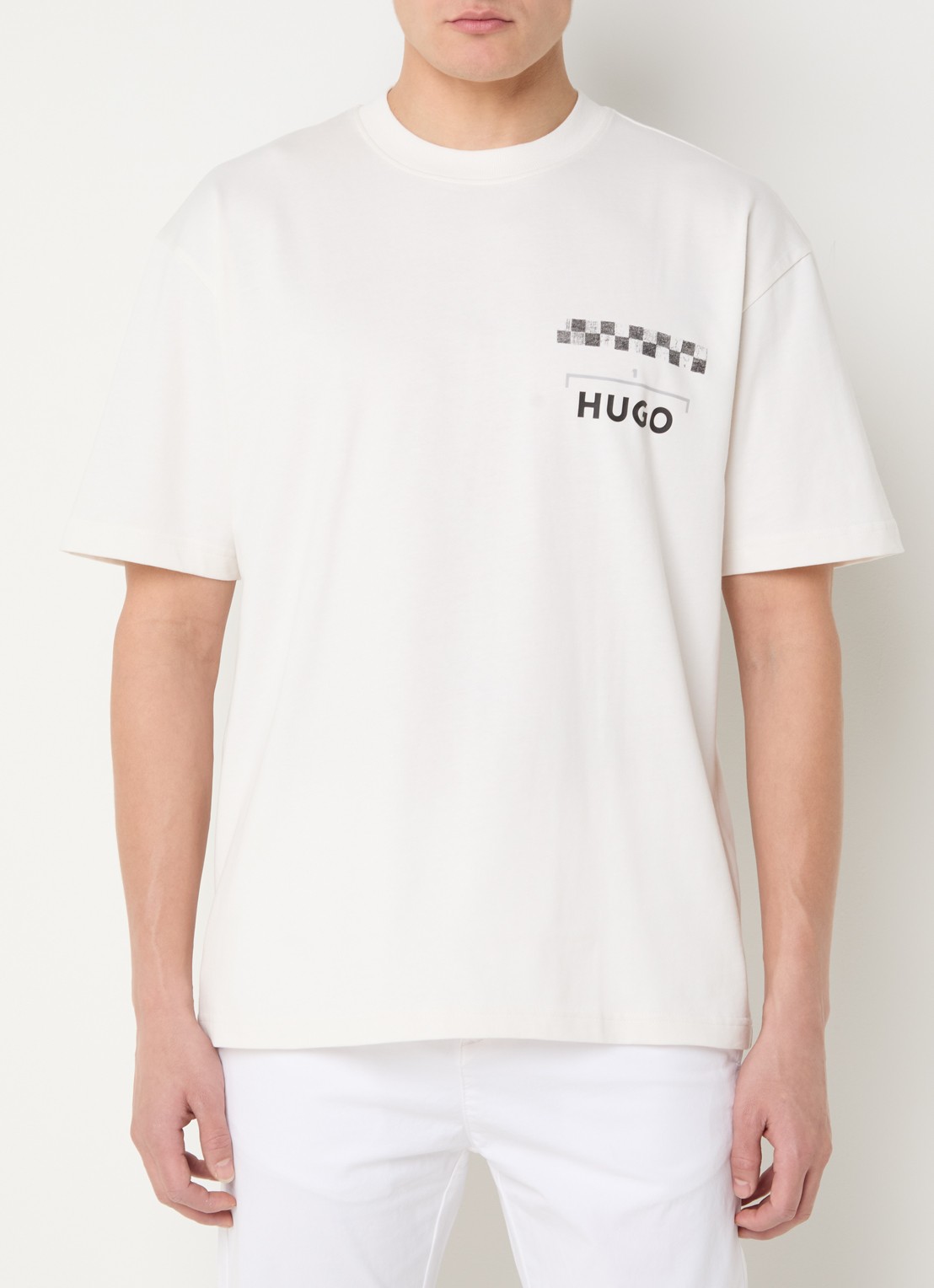 HUGO Drallie T-shirt met logo- en backprint - achterkant gebroken wit