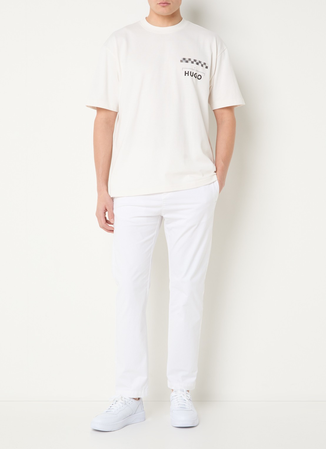 HUGO Drallie T-shirt met logo- en backprint - voorkant 3 gebroken wit