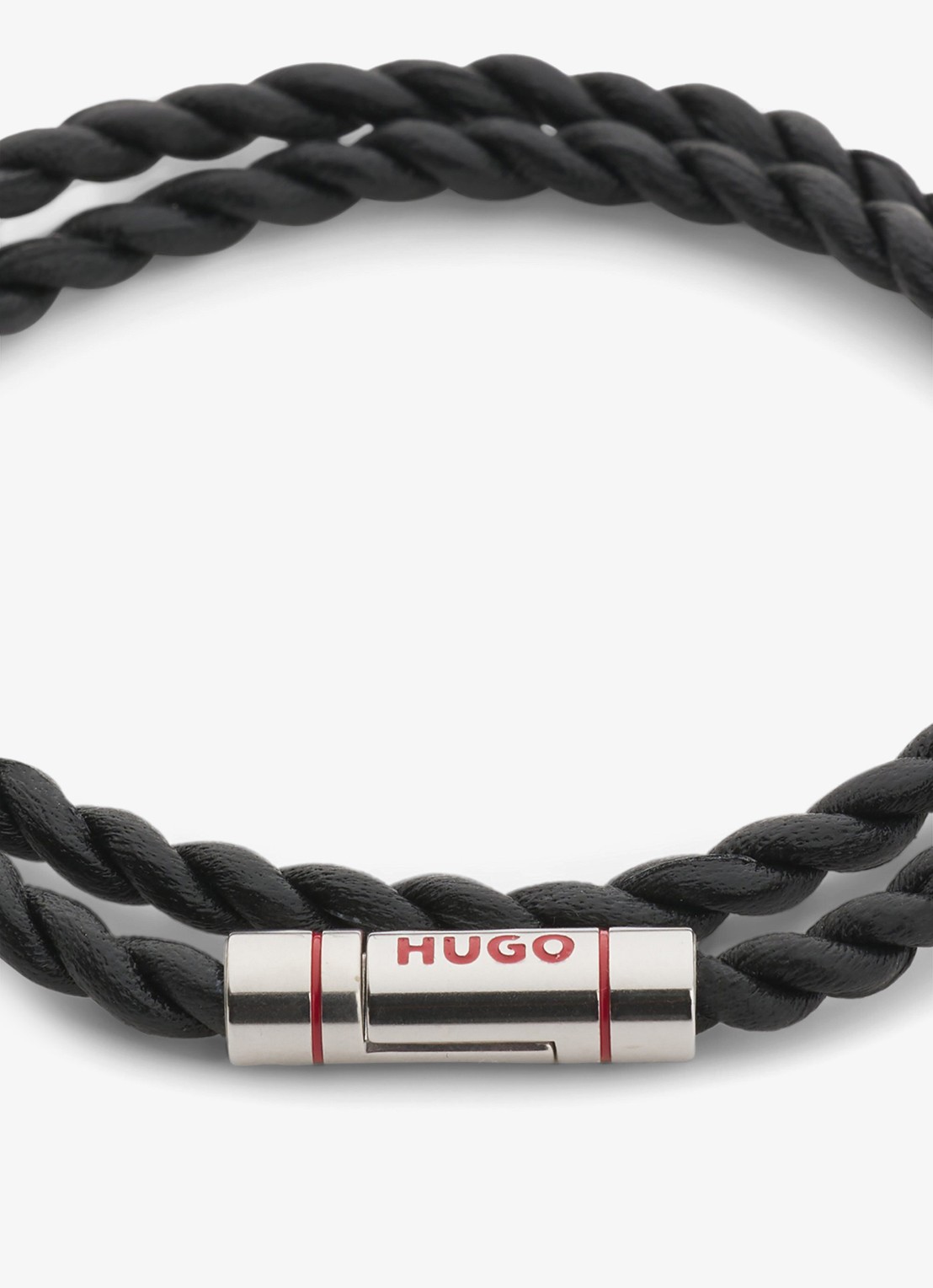 HUGO Dubbelgewikkelde armband van gevlochten leer - detail zwart