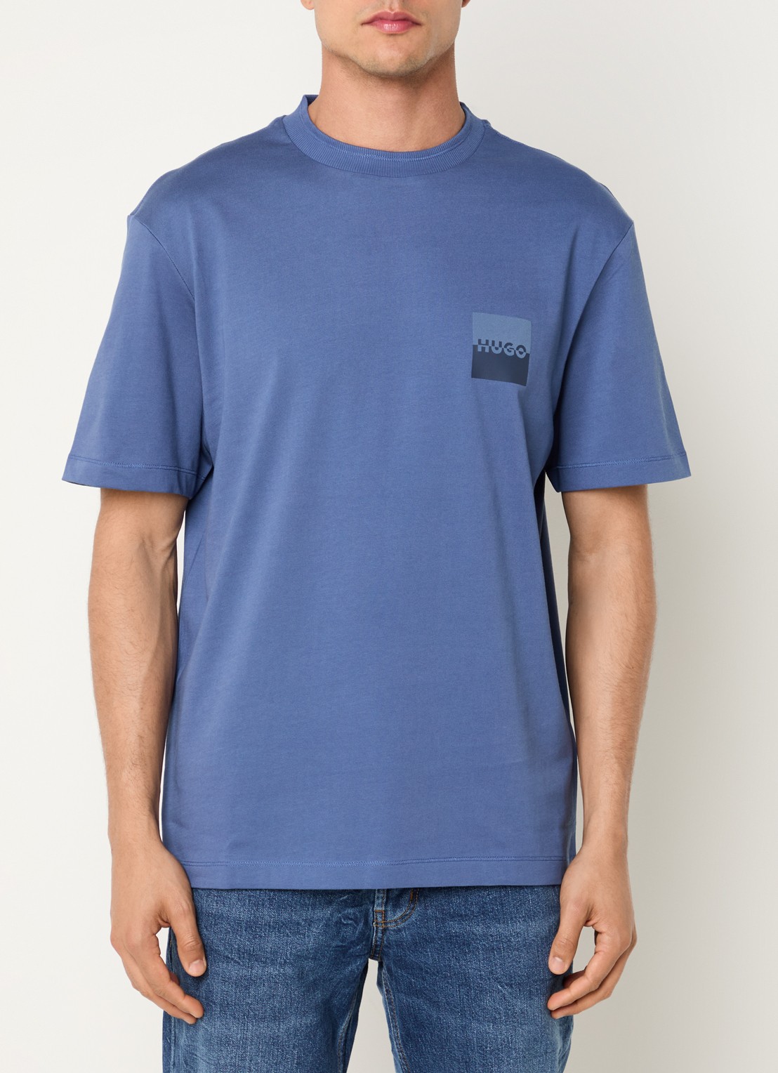 HUGO Dusplito T-shirt met logo- en backprint - achterkant staalblauw