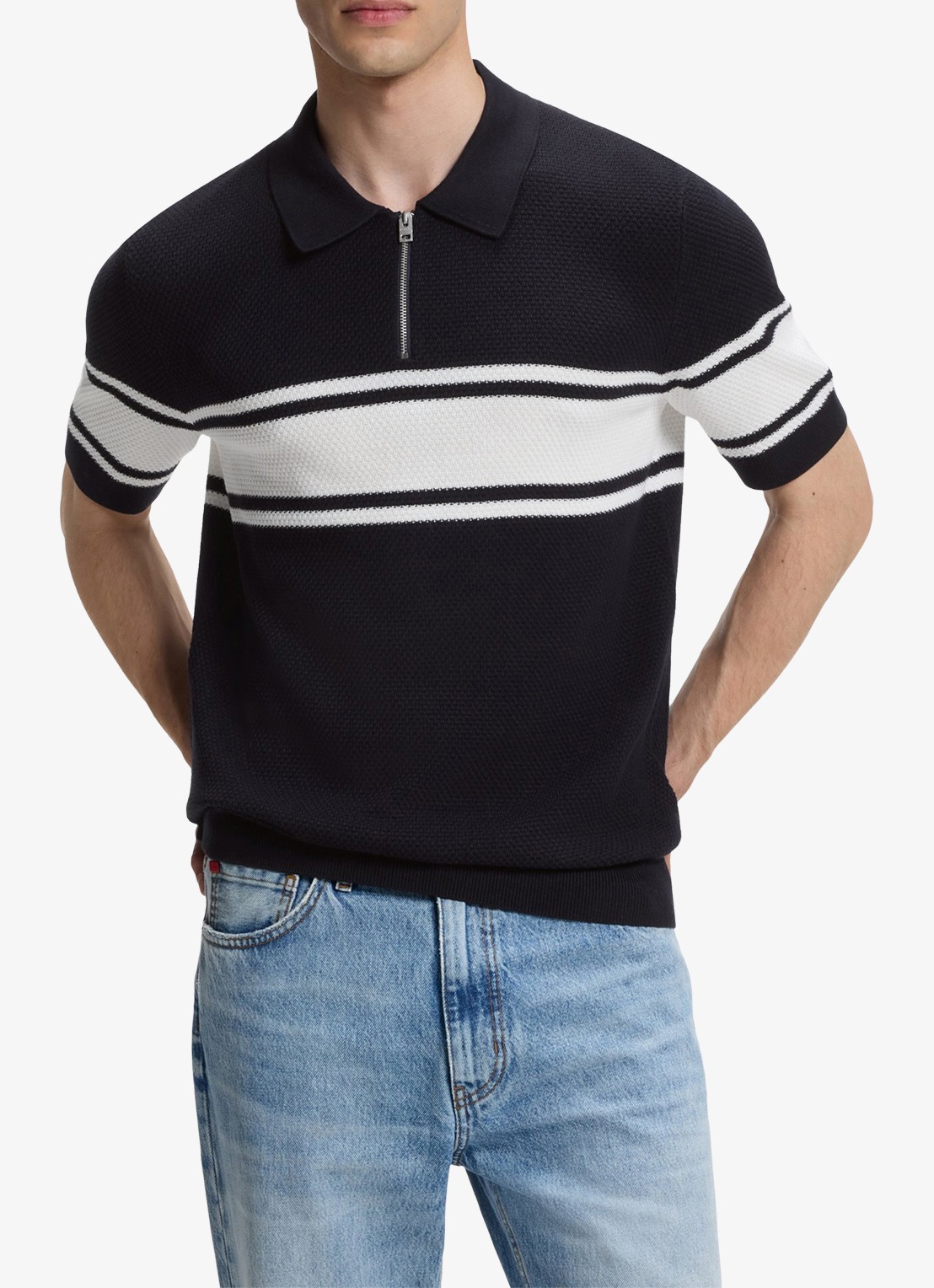 HUGO Fijngebreide polo met halve rits - detail dark blue-405 / blauw