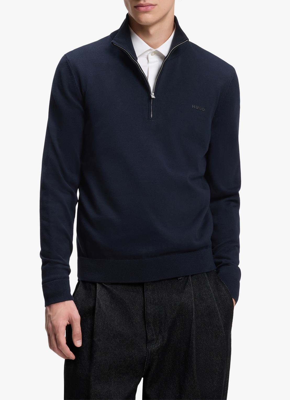 HUGO Fijngebreide trui met halve rits - detail donkerblauw