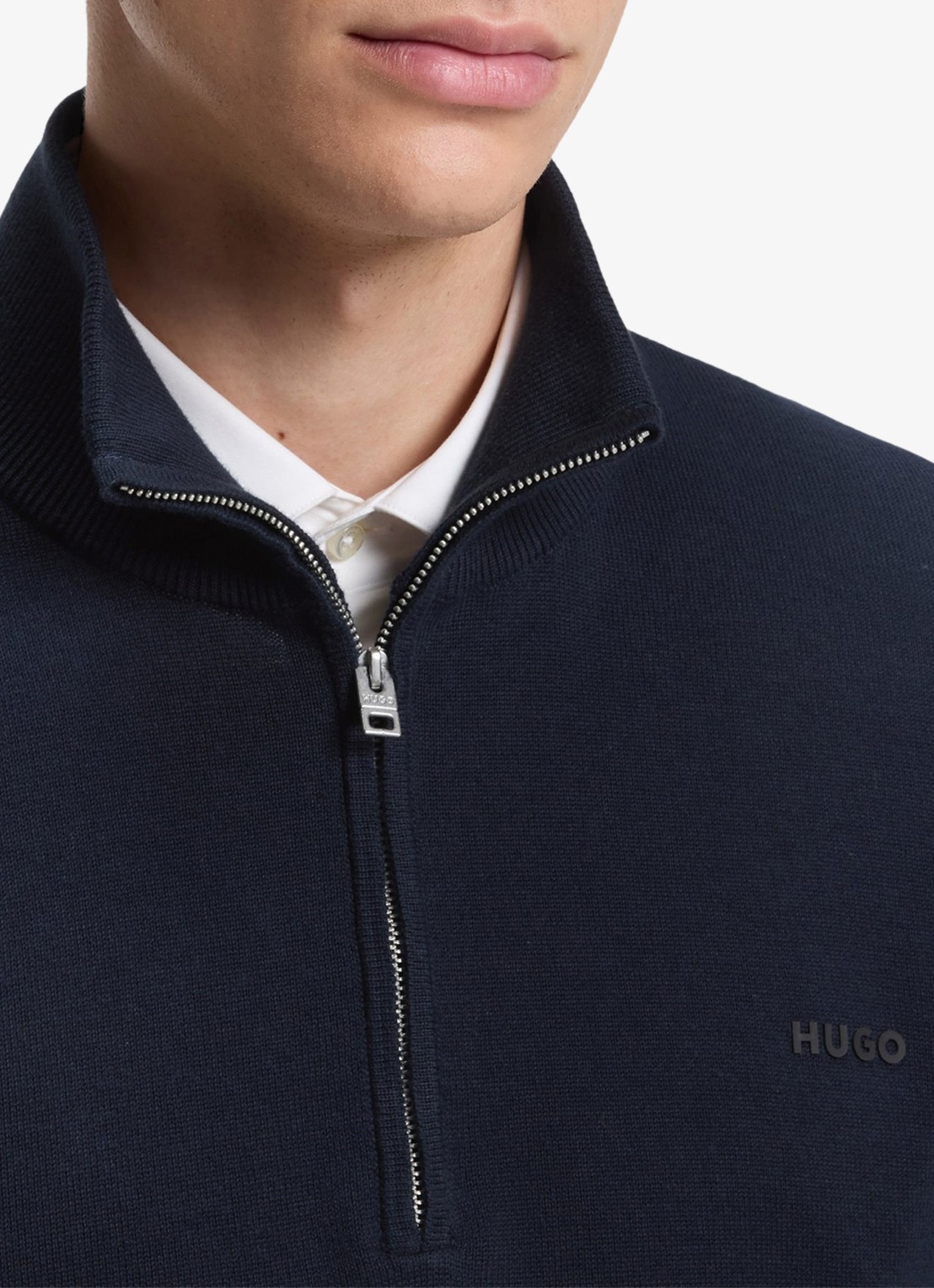 HUGO Fijngebreide trui met halve rits - detail 2 donkerblauw