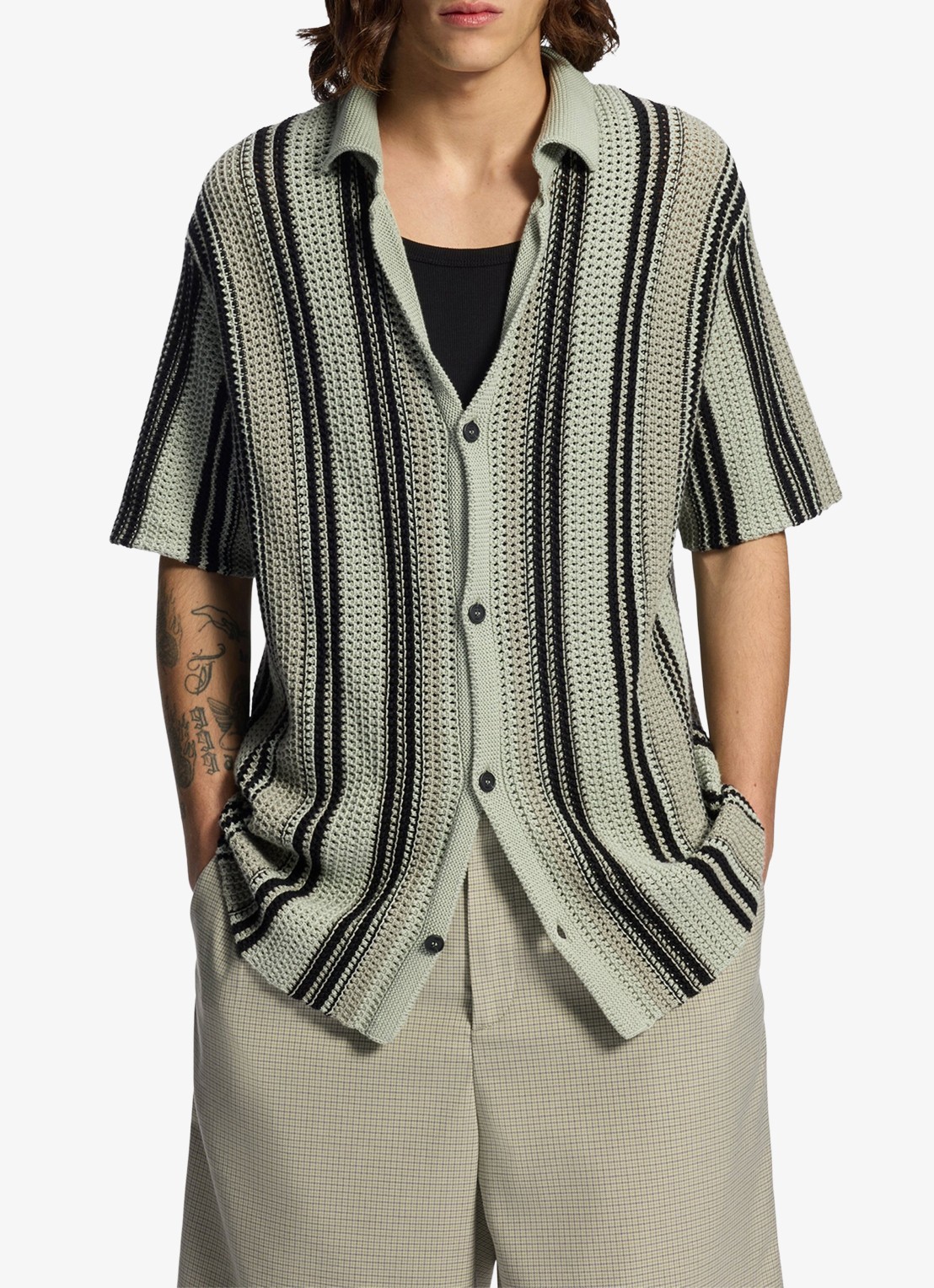 HUGO Grofgebreid vest met streepprint - detail 4 light/pastel green-331 / groen