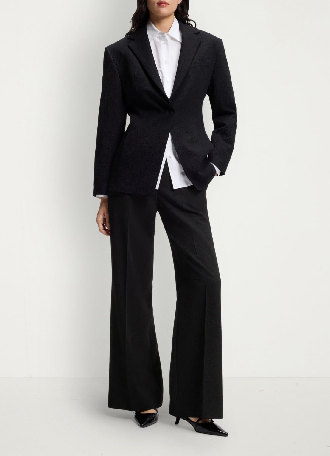 HUGO Hasmina high waist wide fit pantalon met textuur - voorkant 6 black-001 / zwart