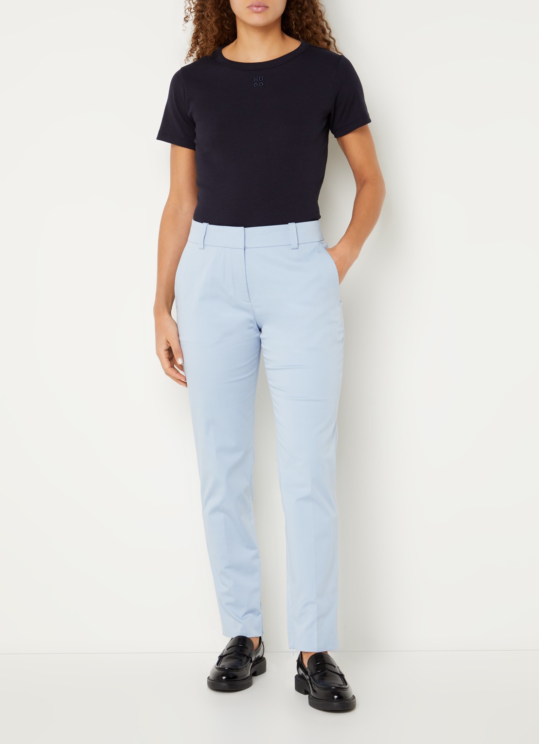 HUGO Hedima mid waist skinny fit cropped pantalon met steekzakken - voorkant 4 lichtblauw