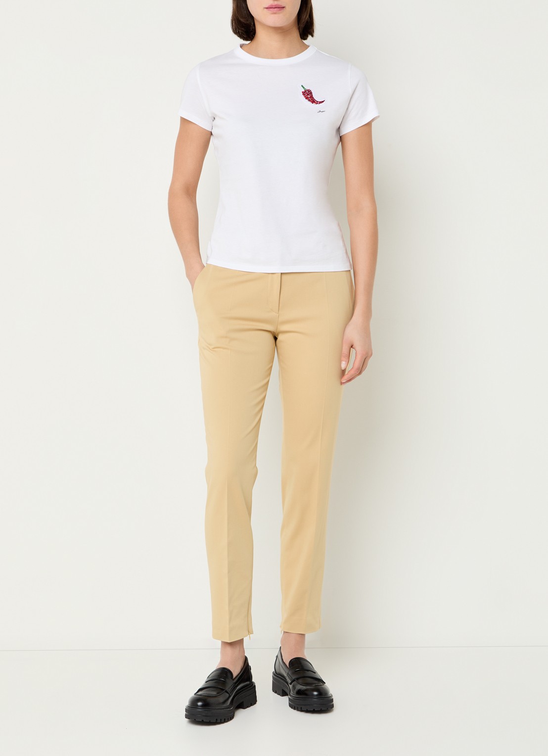 HUGO Hedima mid waist skinny fit cropped pantalon met steekzakken - voorkant 3 beige