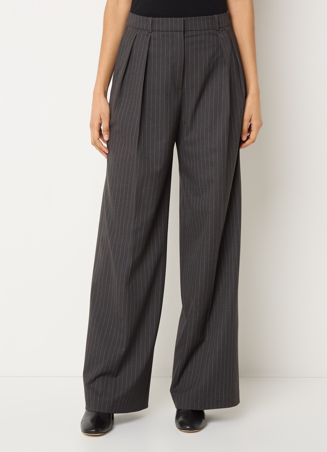HUGO Henesa high waist wide fit pantalon met krijtstreep - detail donkergrijs