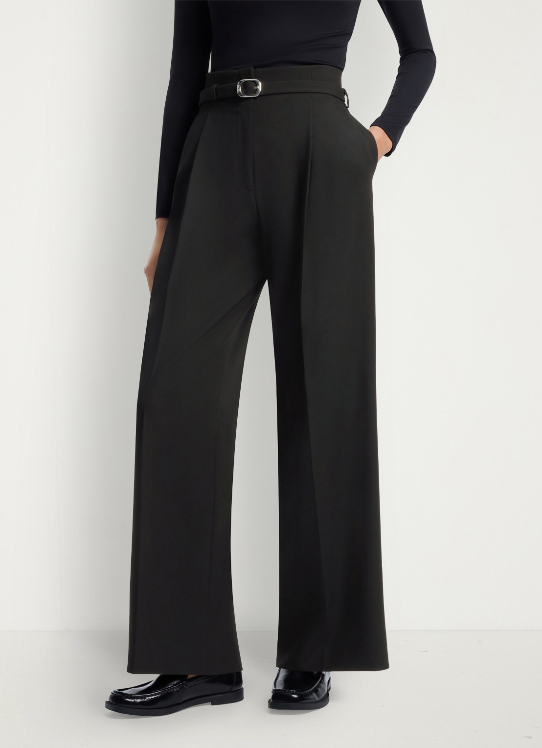 HUGO High waist straight fit pantalon met ceintuur en steekzakken  - detail zwart