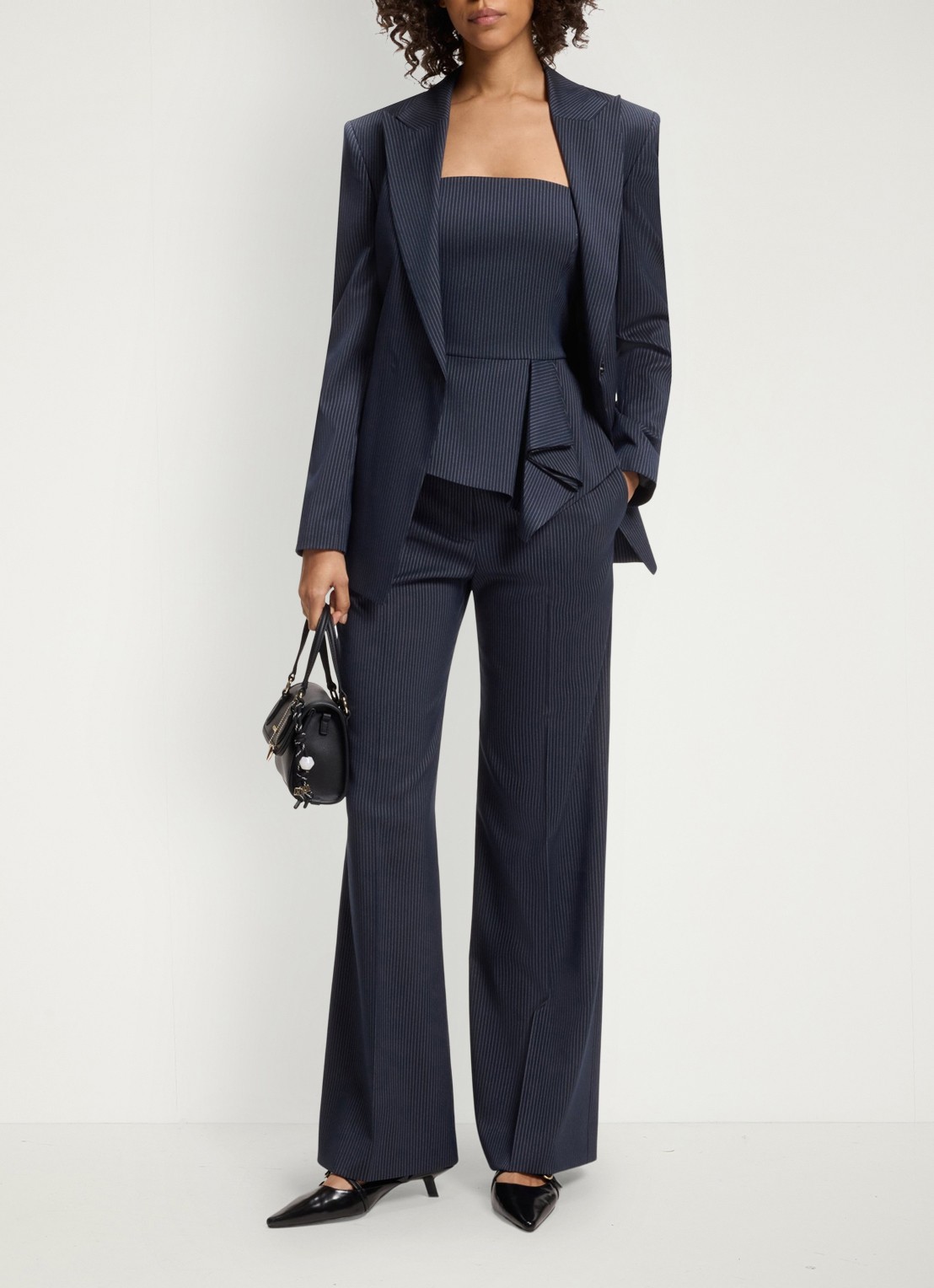 HUGO High waist wide fit pantalon met krijtstreep - voorkant 2 donkerblauw
