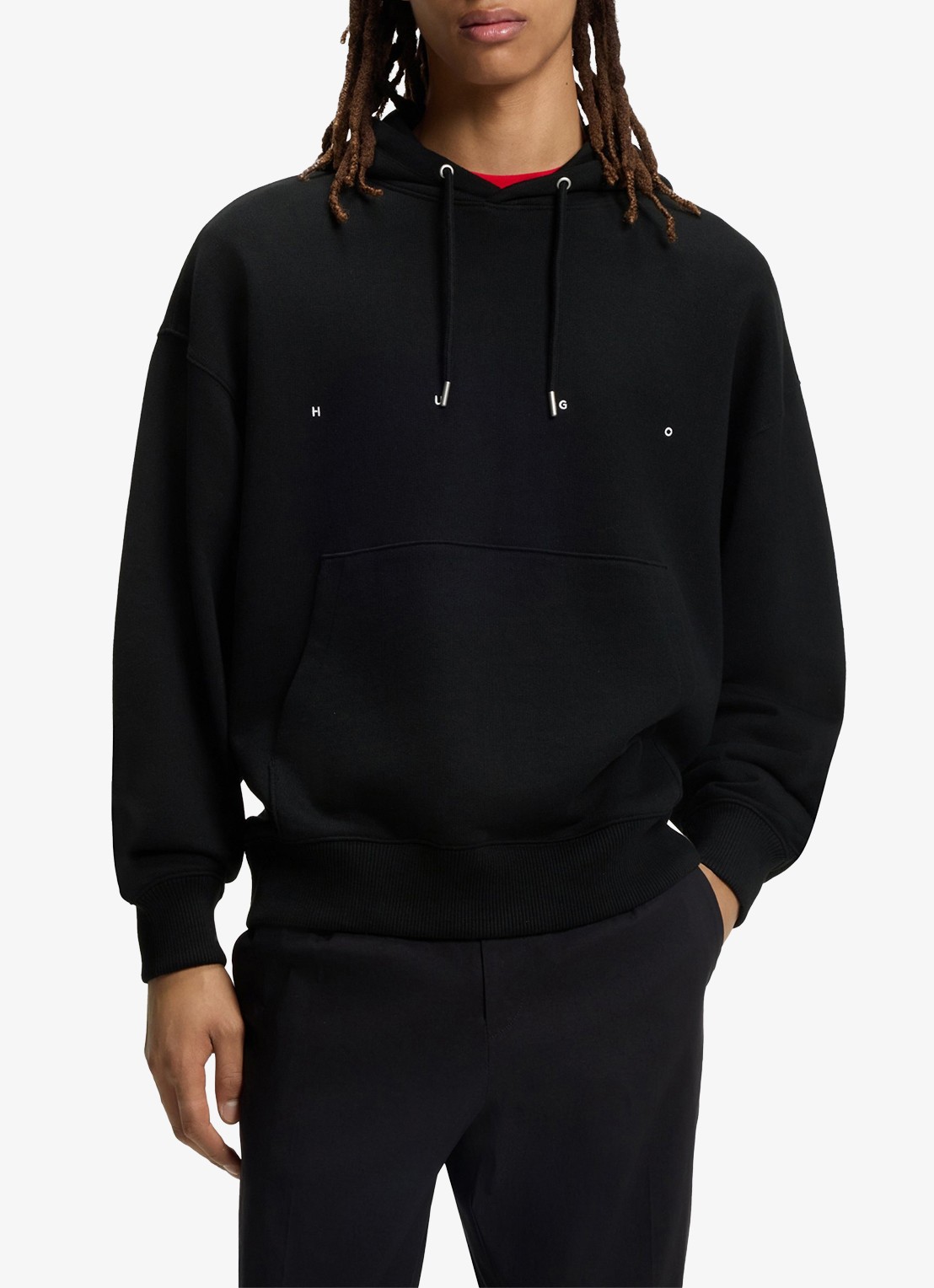HUGO Hoodie met logo- en backprint - detail zwart