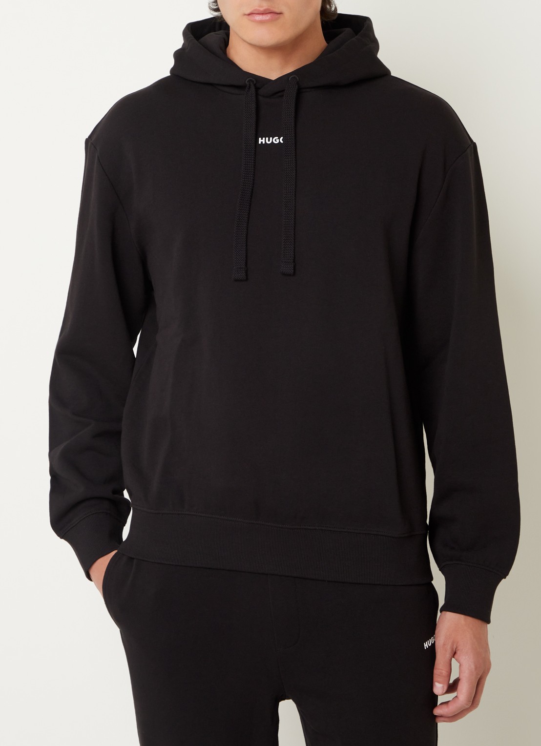 HUGO Hoodie van katoenen sweatstof met logoprint - detail 4 zwart