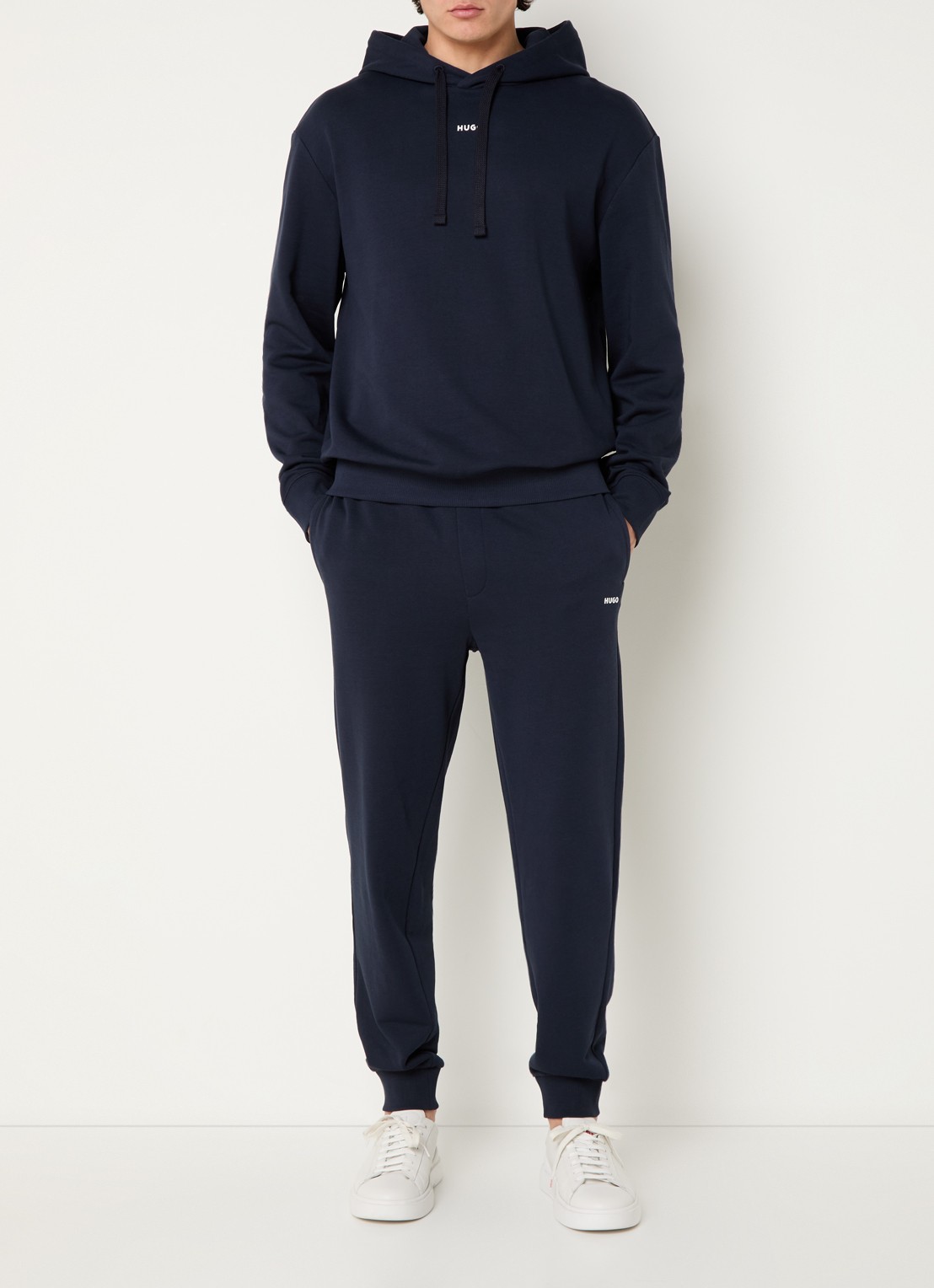 HUGO Hoodie van katoenen sweatstof met logoprint - voorkant 2 dark blue-405 / blauw