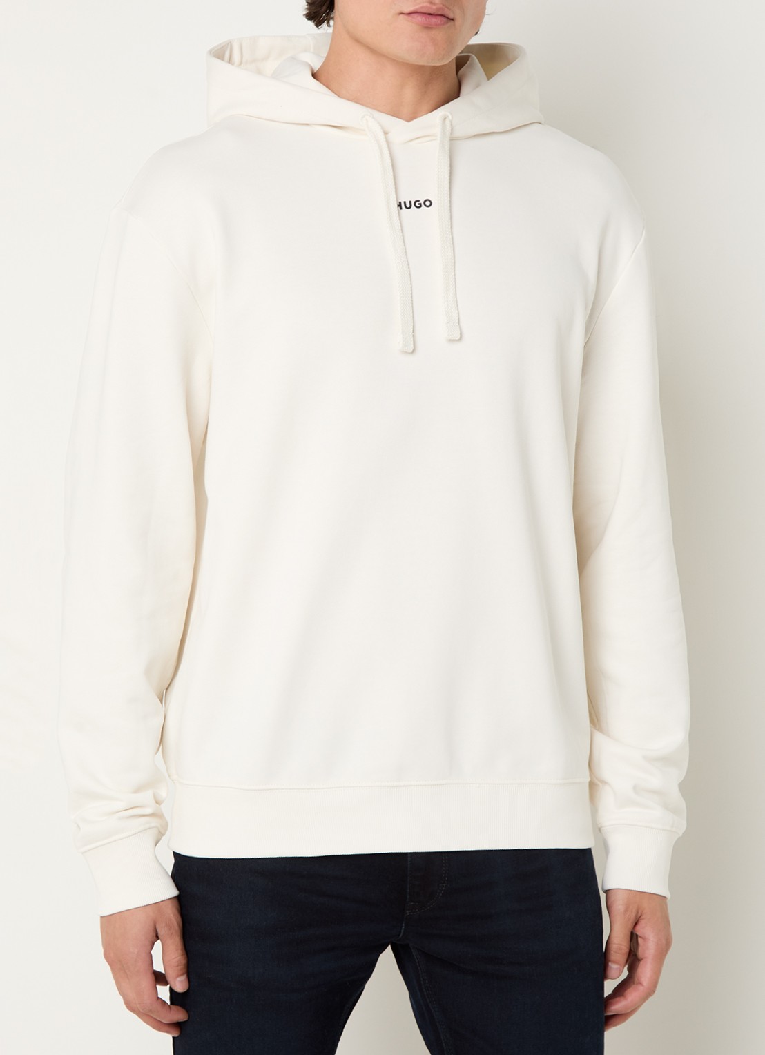 HUGO Hoodie van katoenen sweatstof met logoprint - detail open white-121 / wit