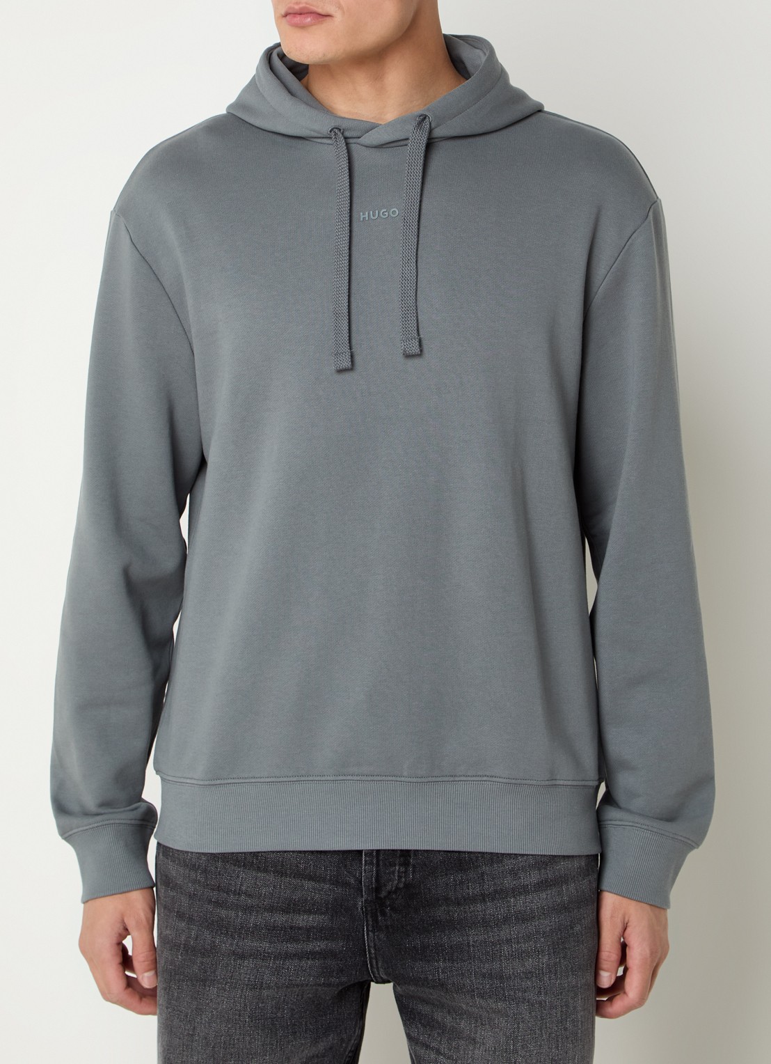 HUGO Hoodie van katoenen sweatstof met logoprint - detail open grey-086 / grijs