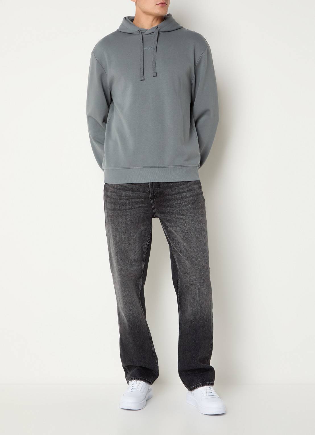 HUGO Hoodie van katoenen sweatstof met logoprint - voorkant 4 open grey-086 / grijs