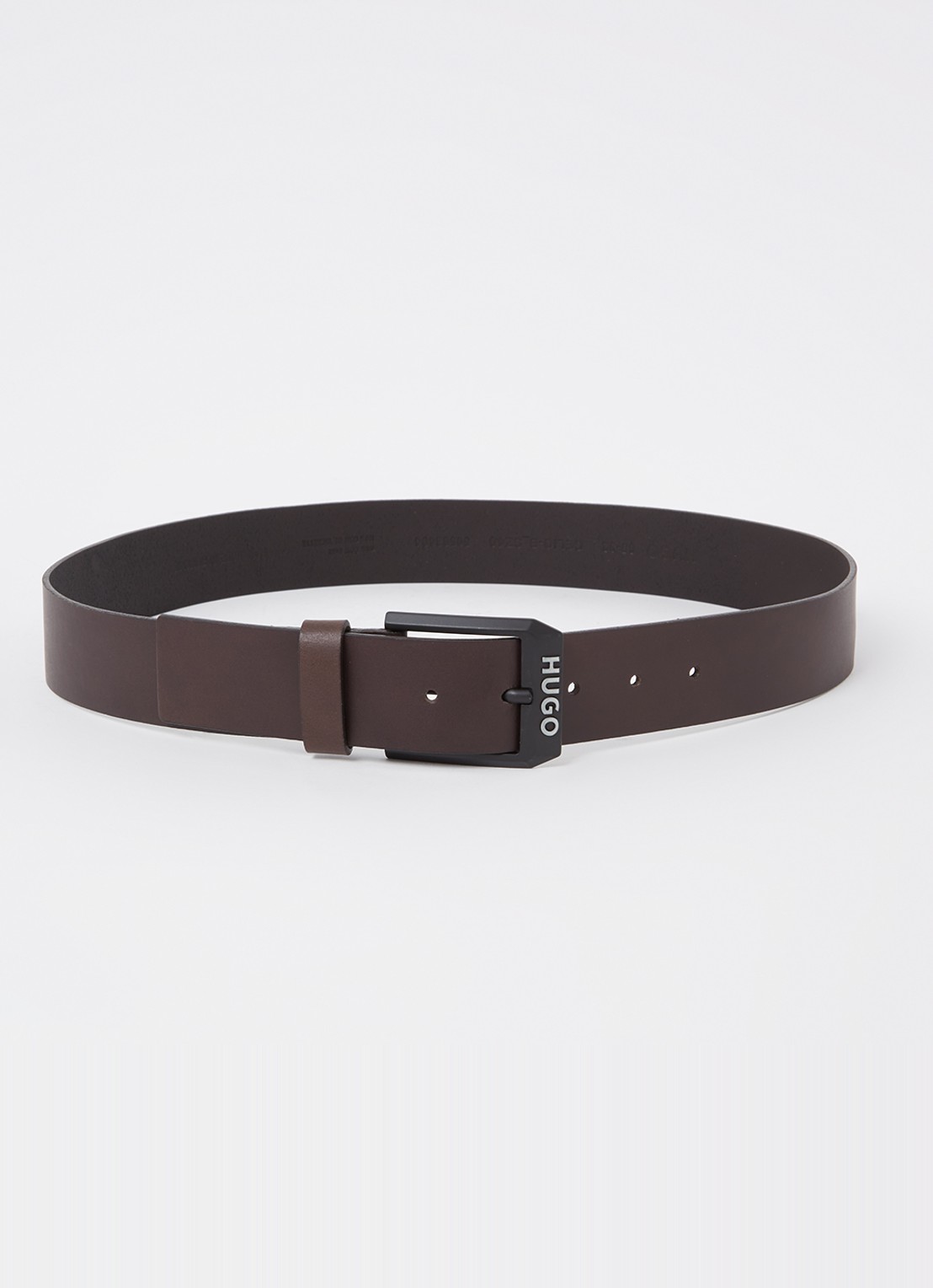 HUGO Leren riem met matzwarte gesp met logodecoratie - voorkant donkerbruin